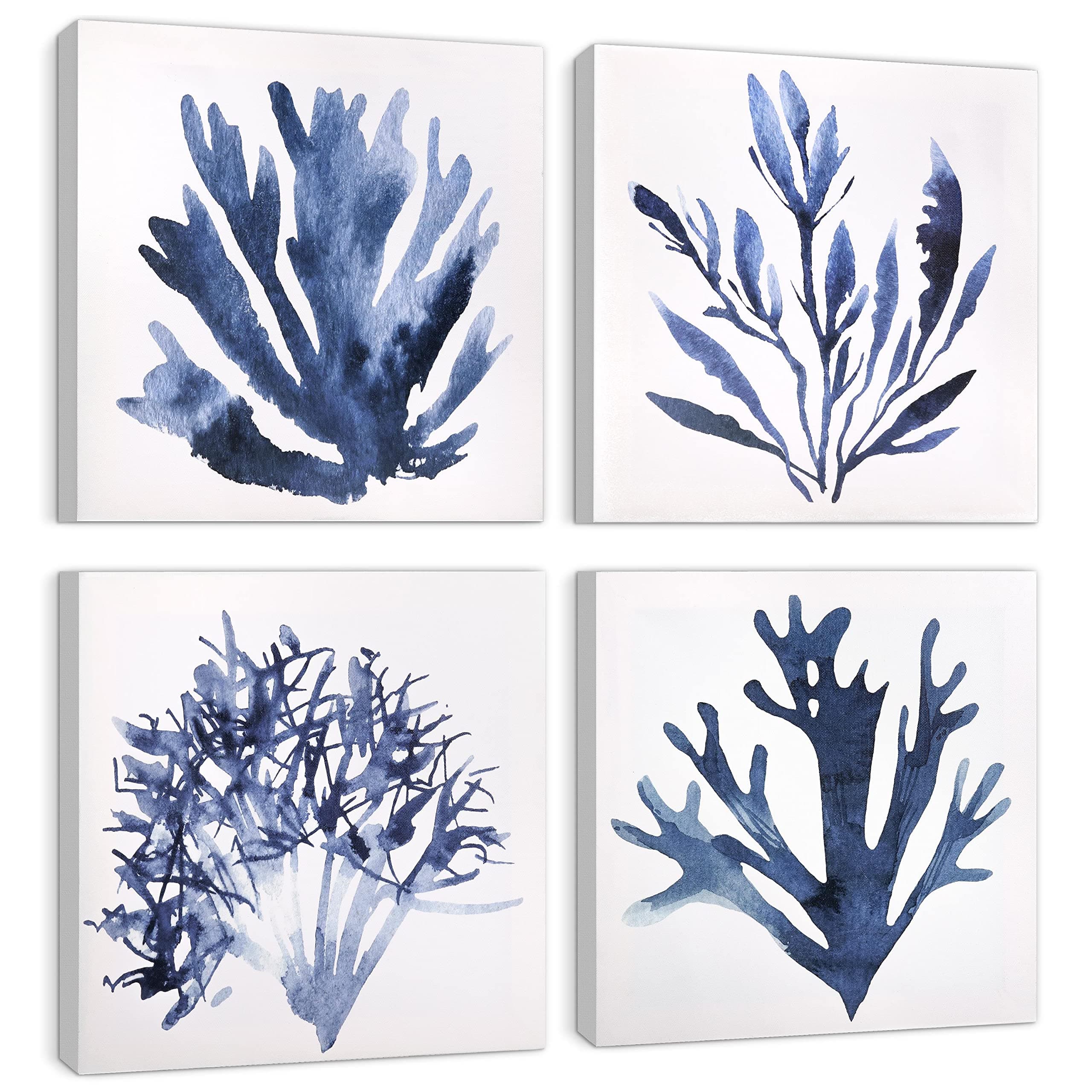 Bathroom Decor Canvas Wall Art, Navy Blue and White Wall Decor, Beach Ocean Coastal Coral Prints for Bedroom, Dining Decoration (4 Pack, 12x12 Inch)
