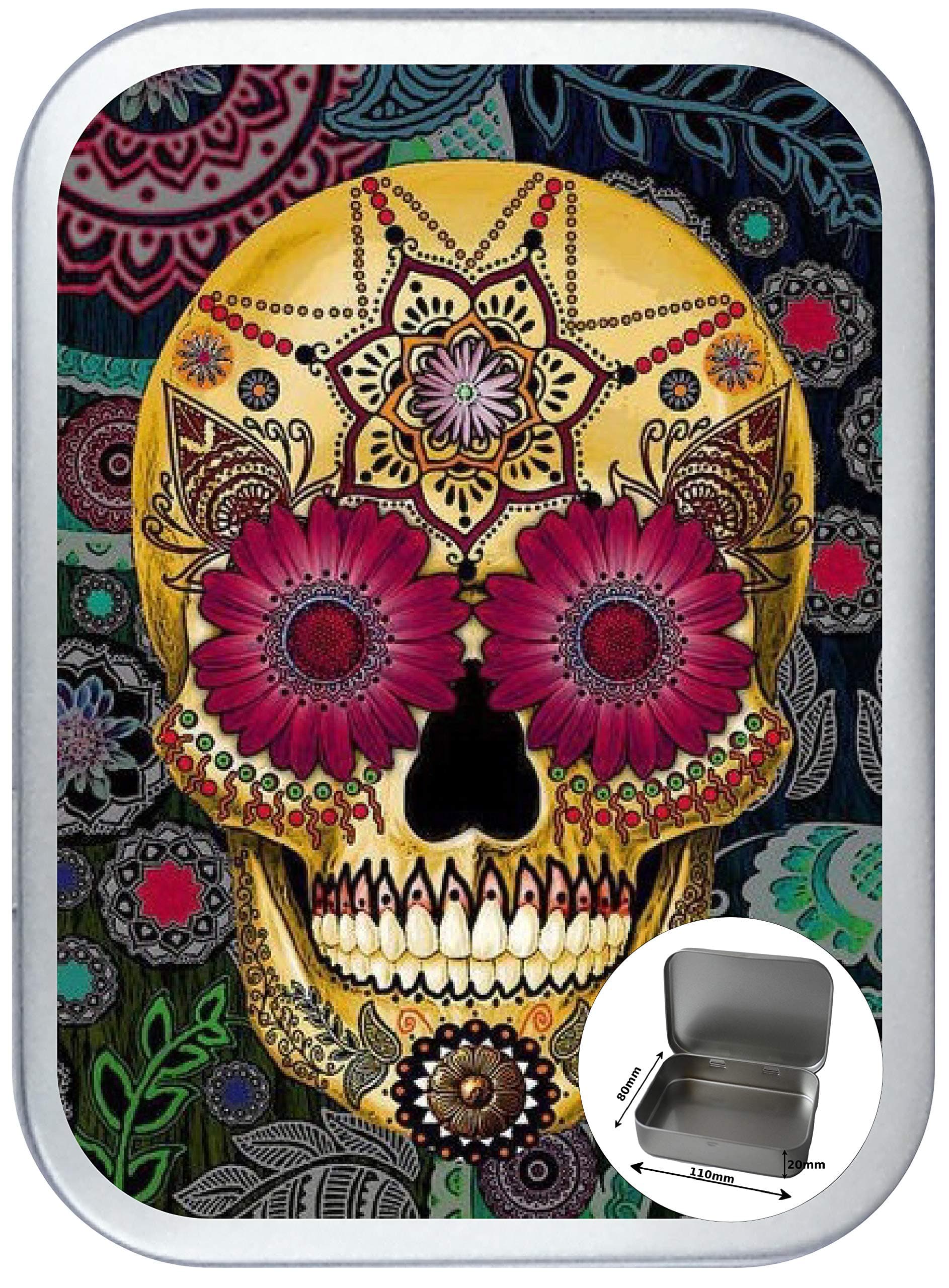 TEEZ Yellow Candy Skull 150ml Silver Hinged Tobacco Tin, Hinged 2oz Tobacco Tin