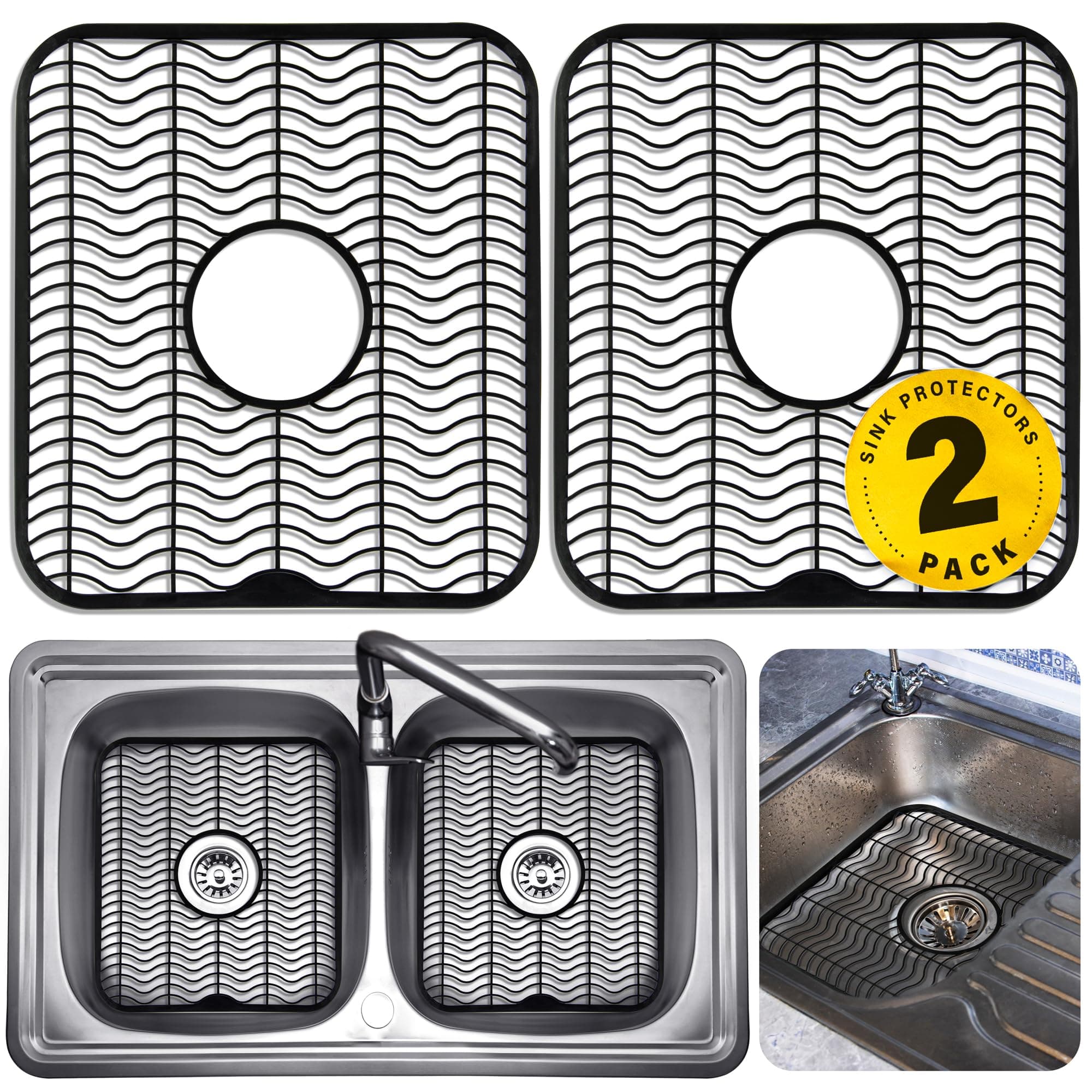 2 Sink Protectors for Kitchen Sink, Plastic 12" x 11" Dish Rack, Protect Sink from Stains, Damage, Scratches, Dishwasher Safe Grid Mat for Kitchen (2 Pack, Black)