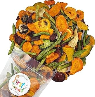 FirstChoiceCandy Super Mix Vegetable Chips, Yellow & Purple Sweet Potato, Squash, Taro, Carrot, Green Bean, Beets, Okra, Shiitake, Beets, Button & Oyster Mushrooms, Tomato, Cucumber, No Sugar or Food Coloring added, in 1 Pound Reselable Bag