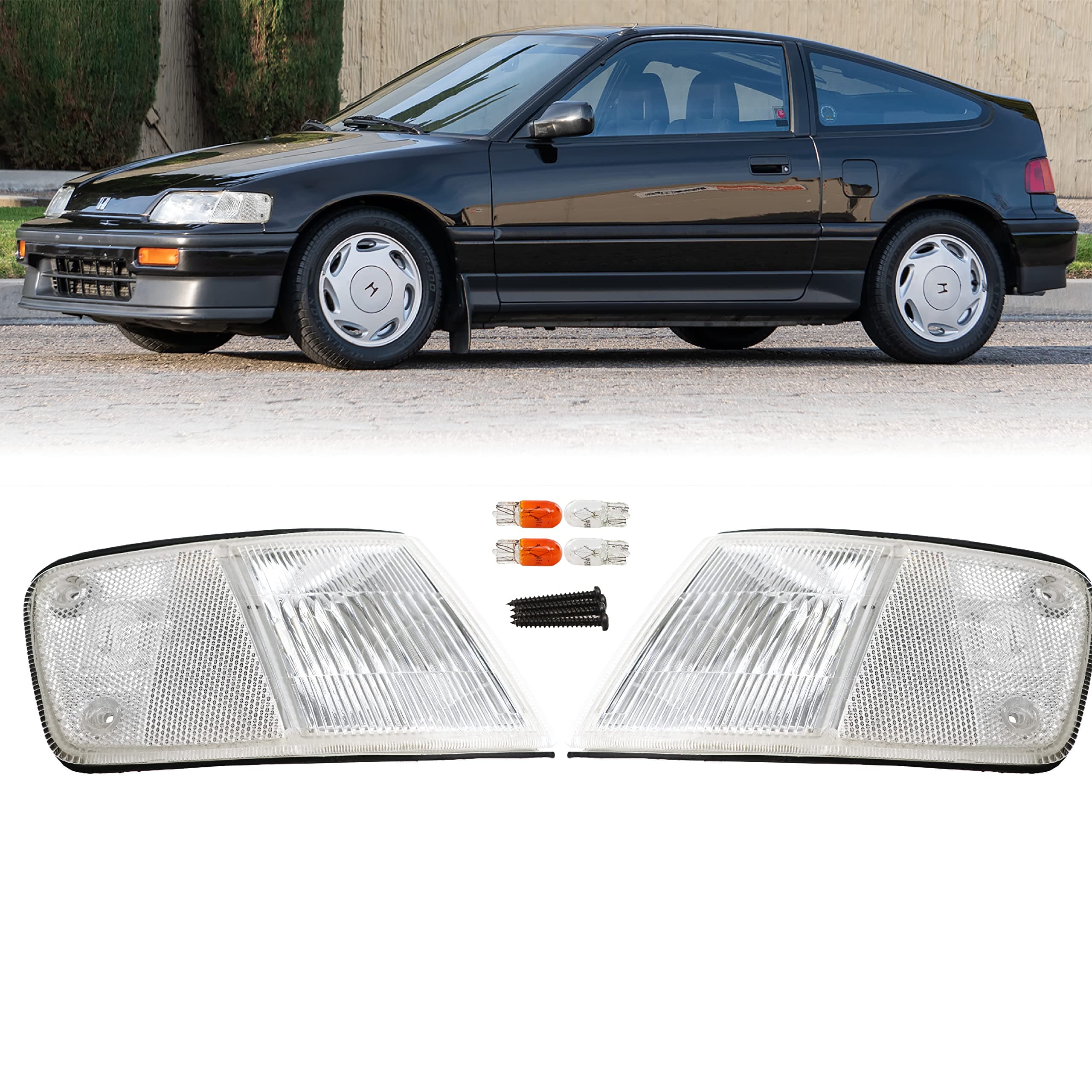 DEPO 88-89 CRX Corner Lights - Front Cornering Parking Turn Signal Lamp Set (Left + Right) Compatible with 1988-1989 Honda CR-X DX HF Si (All Clear Lens)