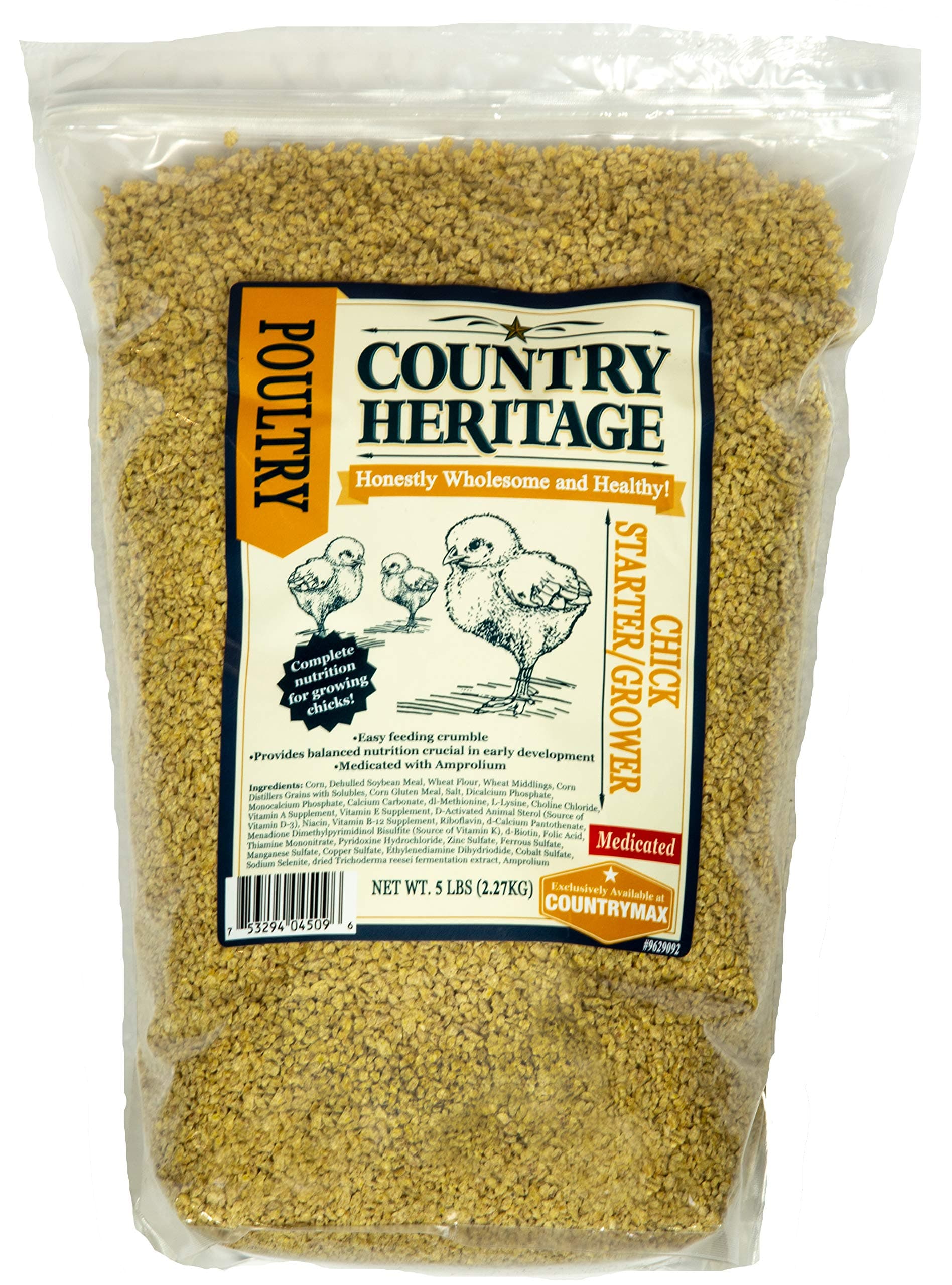 Country Heritage Medicated Chick Starter Grower Feed 5lbs - Complete Nutrition Crumble for Baby Chicks 0-16 Weeks, 18% Protein