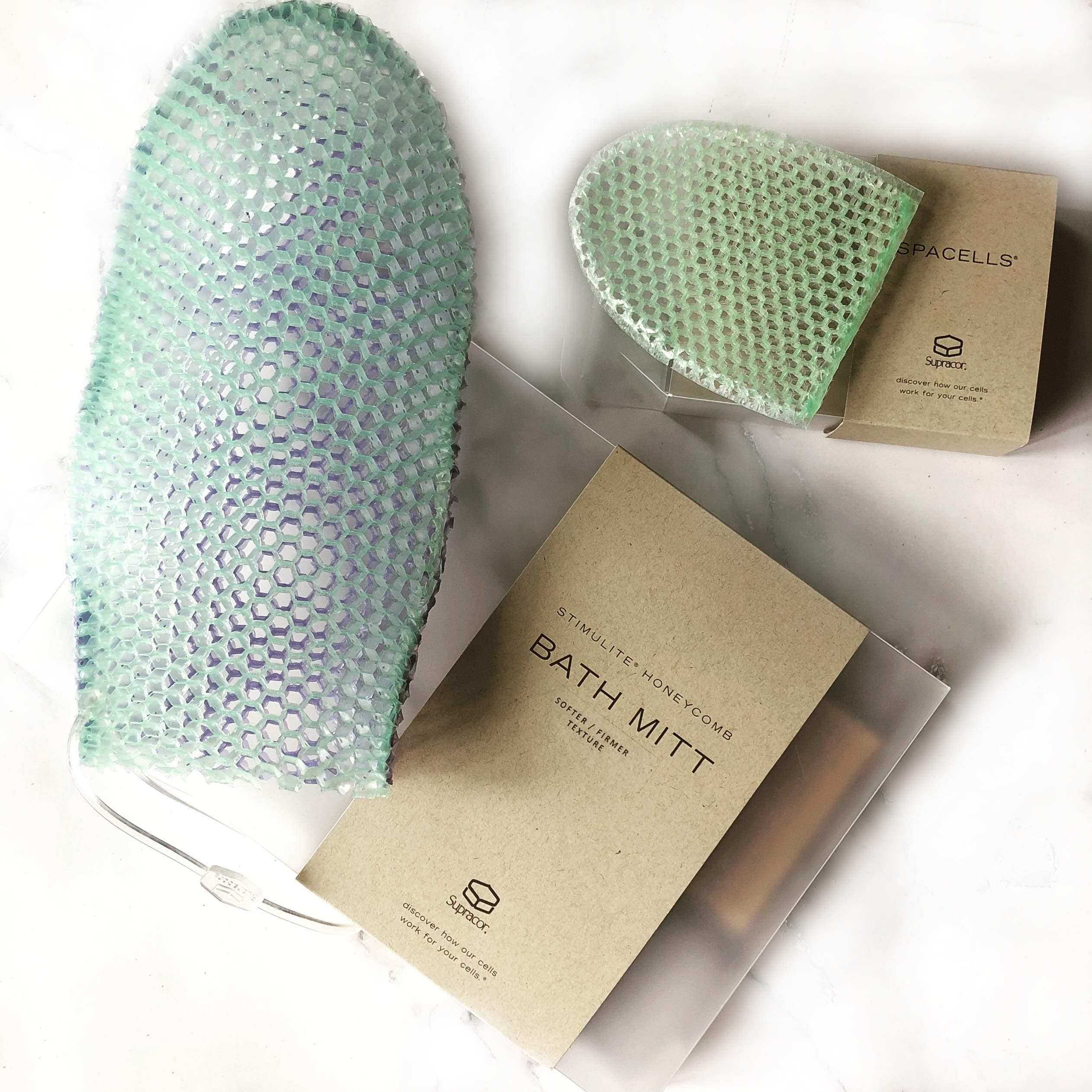 Bundle: Dual-Sided Stimulite Bath Mitt and SpaCells Facial Sponge