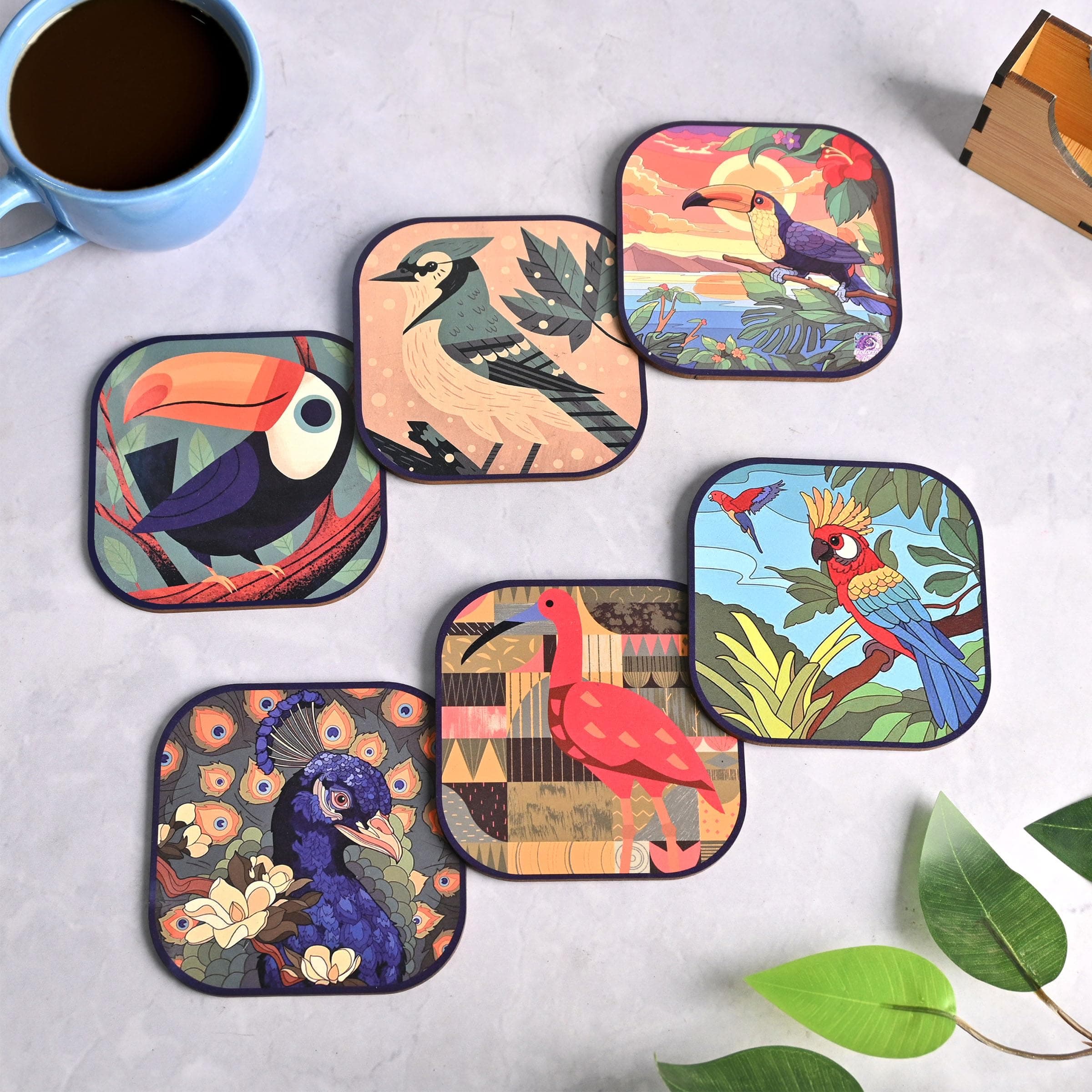 GKD Wooden Coasters for Drinks, MDF Coasters Set of 6 with Holder, Bird Design, 3.8 inches Eco-Friendly Absorbent Coaster for Coffee Table, Bar, Drinking Glasses, Tabletop Protection