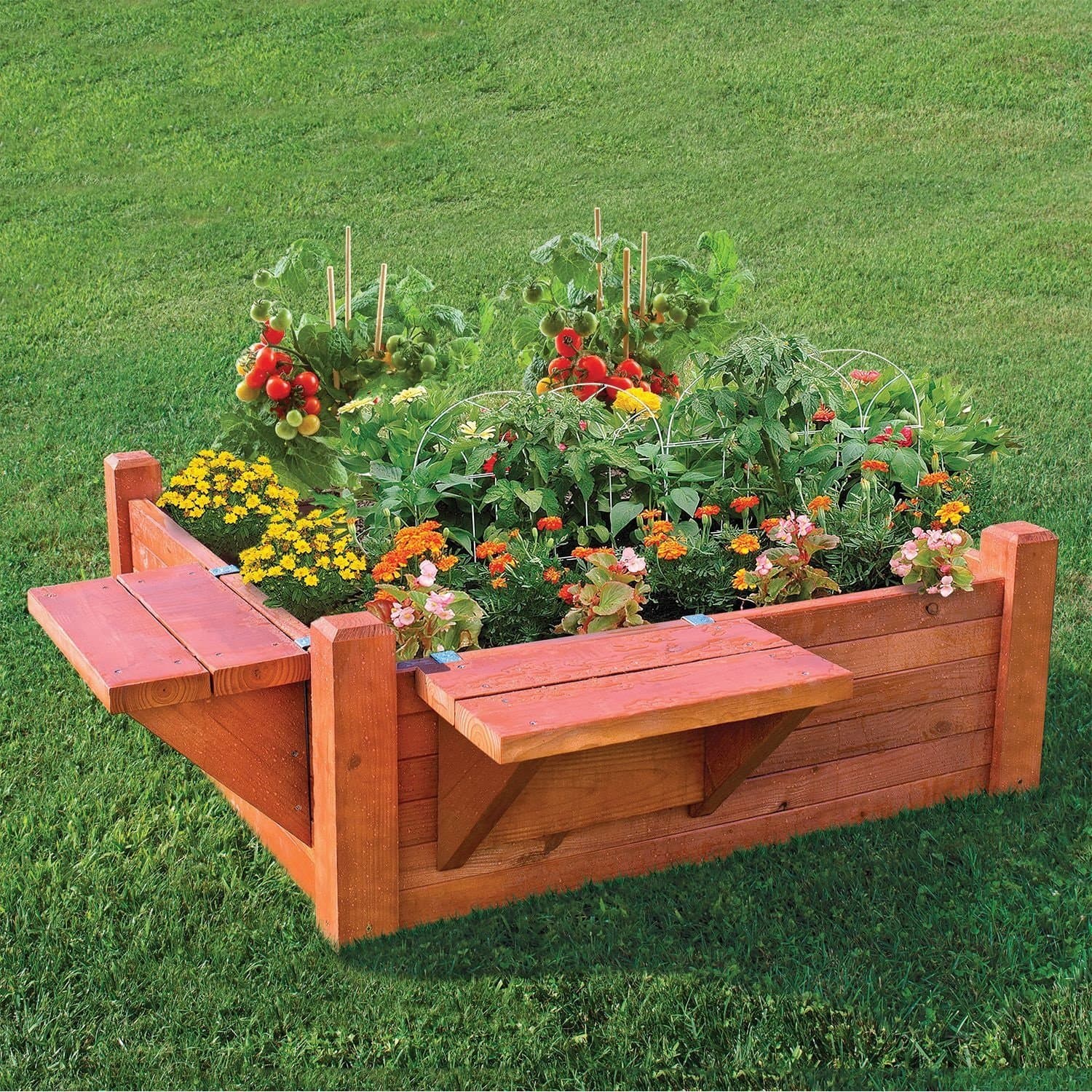 4' x 4' Garden Bed with 2 Movable Benches Seats Shelves