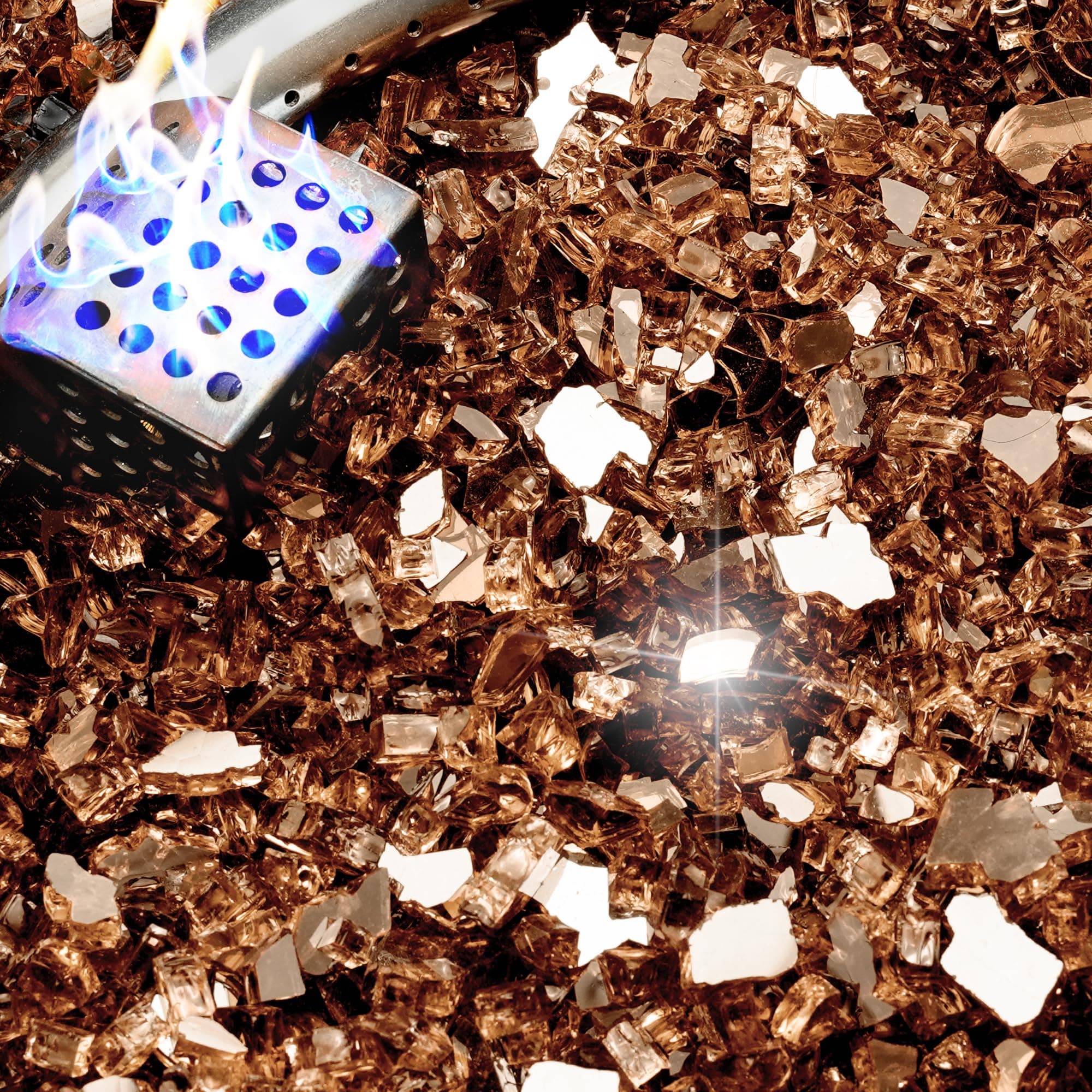 NUPICK 20 Pound Fire Glass, 1/4 Inch Reflective Fire Pit Glass, Tempered Firepit Glass Rock for Propane or Natural Gas, Glass Rocks for Fire Pit Table, Fireplace Glass for Landscaping, Copper