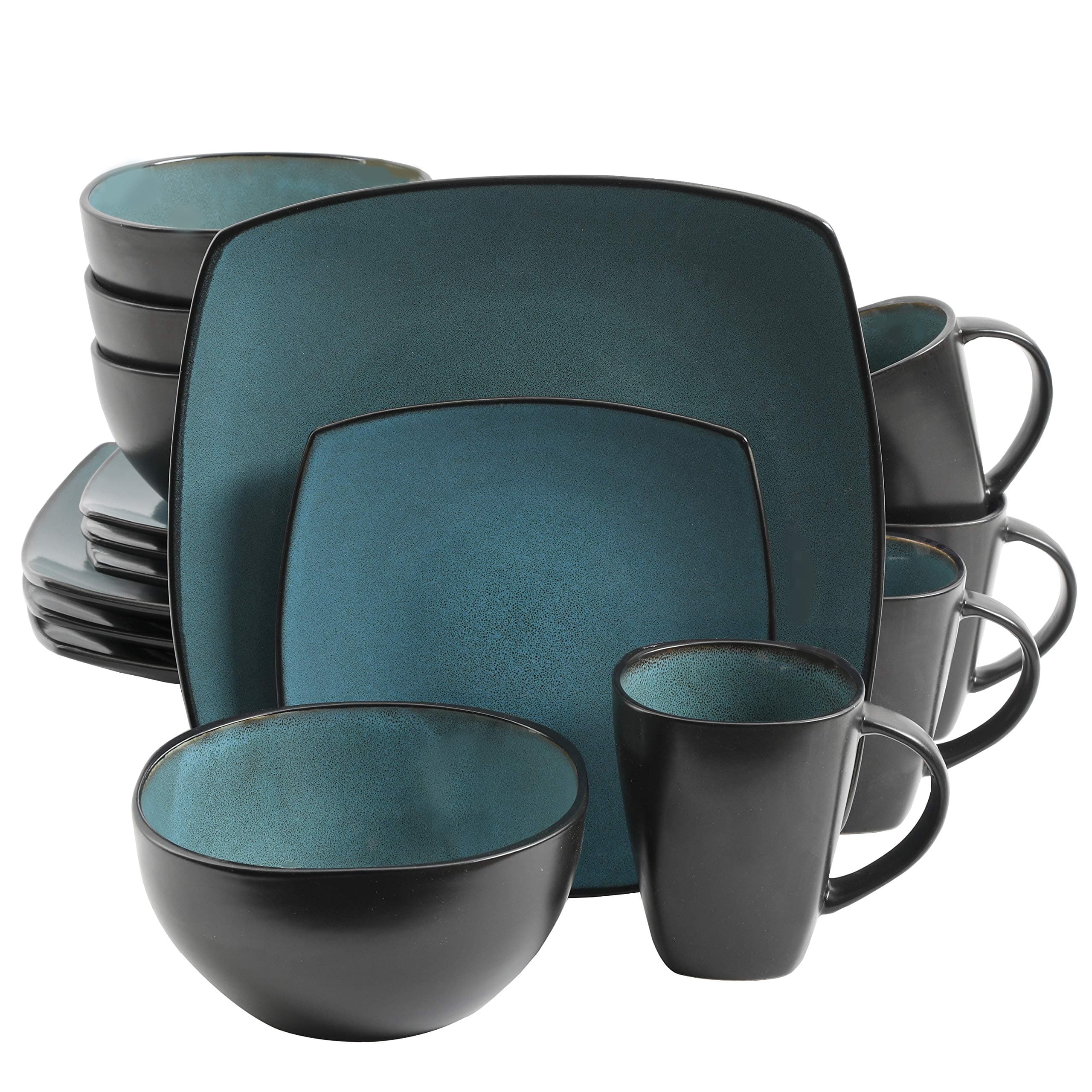Gibson Elite Soho Lounge 16-Piece Reactive Glaze Dinnerware Set – Teal and Black Tutone Stoneware Plates and Bowls