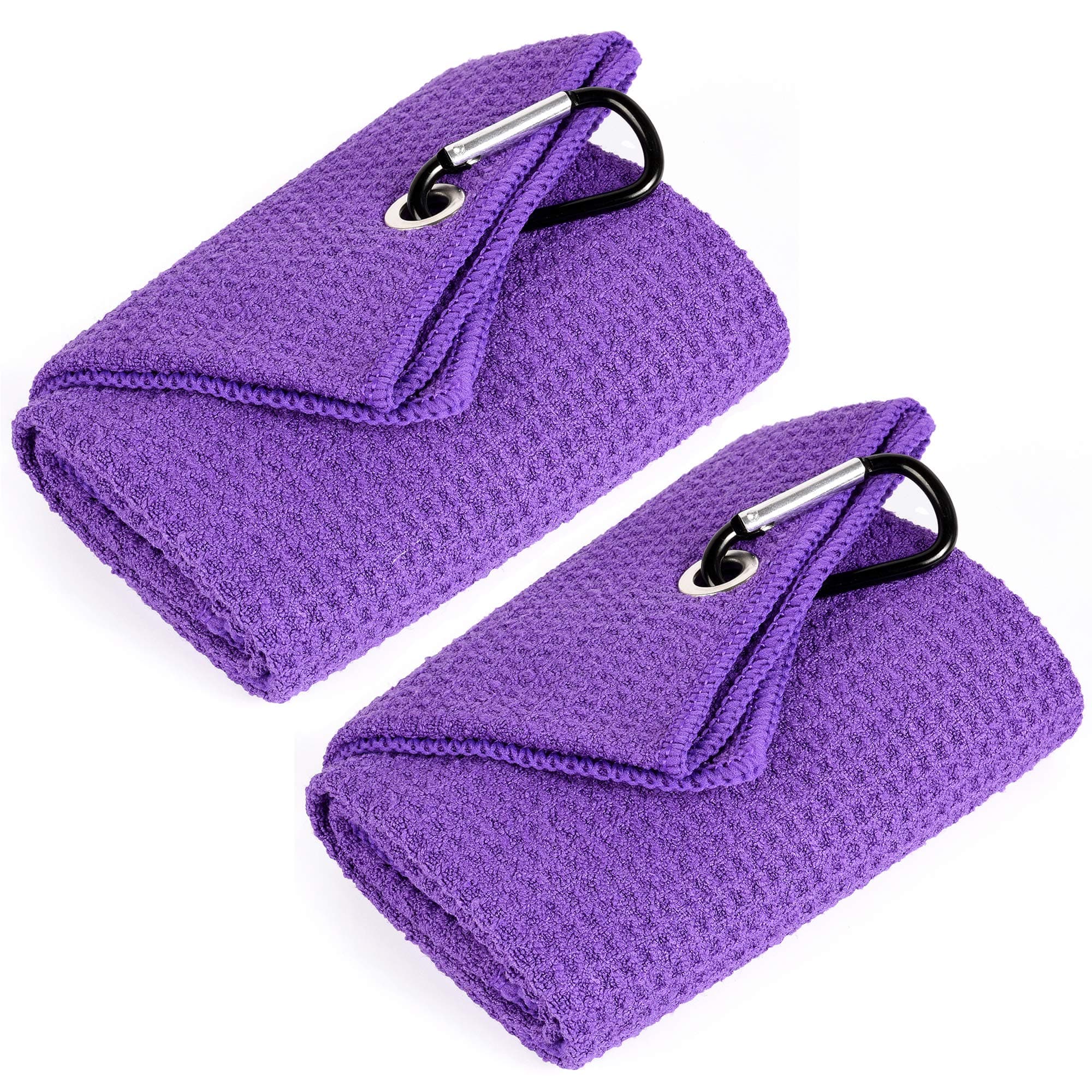 Mile High Life 2 Pack Golf Towels | Tri-fold Golf Towel w Carabiner Clip | Microfiber Waffle Pattern Purple Golf Towels | Golf Accessories for Men (2 Pack Purple)