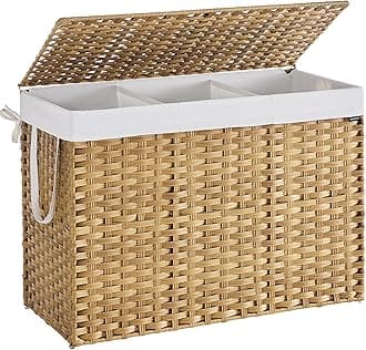 SONGMICS Laundry Basket, 200 L Synthetic Rattan Storage Basket with Lid and Handles, Wicker, Foldable, Removable Liners, for Blankets, Clothes, Living Room, Laundry Room, Natural Colour LCB320Y01