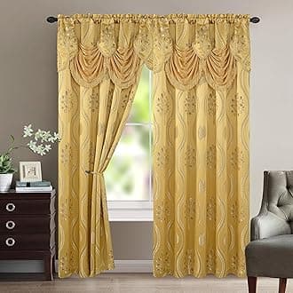 Elegant Comfort Aurora Jacquard Look Curtain Panel Set with Attached Valance 54" X 84 inch (Set of 2), Gold