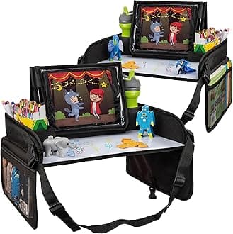 Kids Lap Desk Tray (Value 2 Pack) - Mesh Pockets & Cup Holder for Car Travel Essentials - Car Seat Tray for Kids Travel & Tablet Holder - Dry-Erase Surface for Road Trip Activities - Black