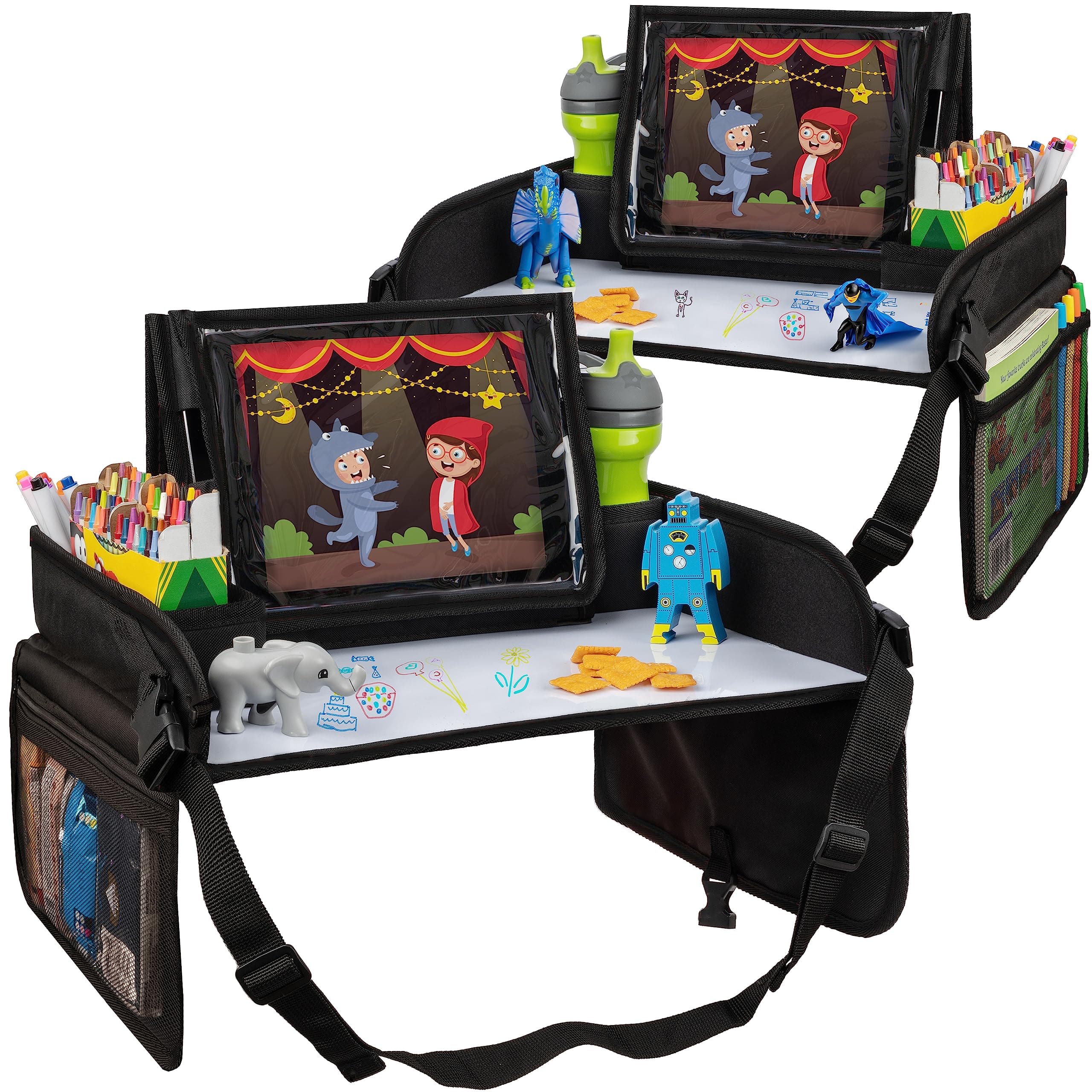 Lusso Gear Kids Lap Desk Tray (Value 2 Pack) - Mesh Pockets & Cup Holder for Car Travel Essentials - Car Seat Tray for Kids Travel & Tablet Holder - Dry-Erase Surface for Road Trip Activities - Black