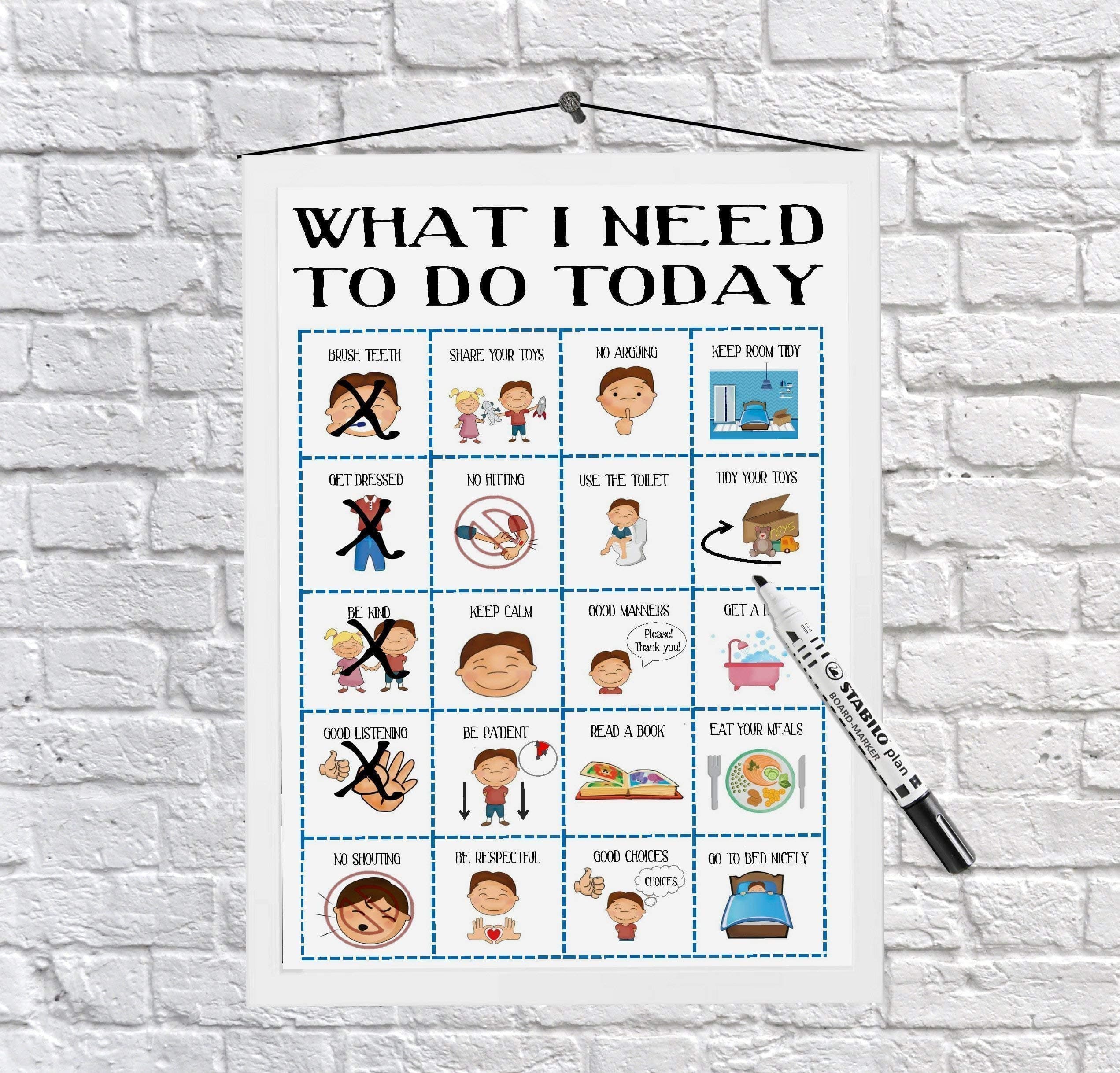 Boys Behaviour, Tasks and Routine chart, whiteboard, toddler routine chart, visual aid, ASD, imagery reward chart, picture reward chart, dry wipe, stickers, What I need to do today