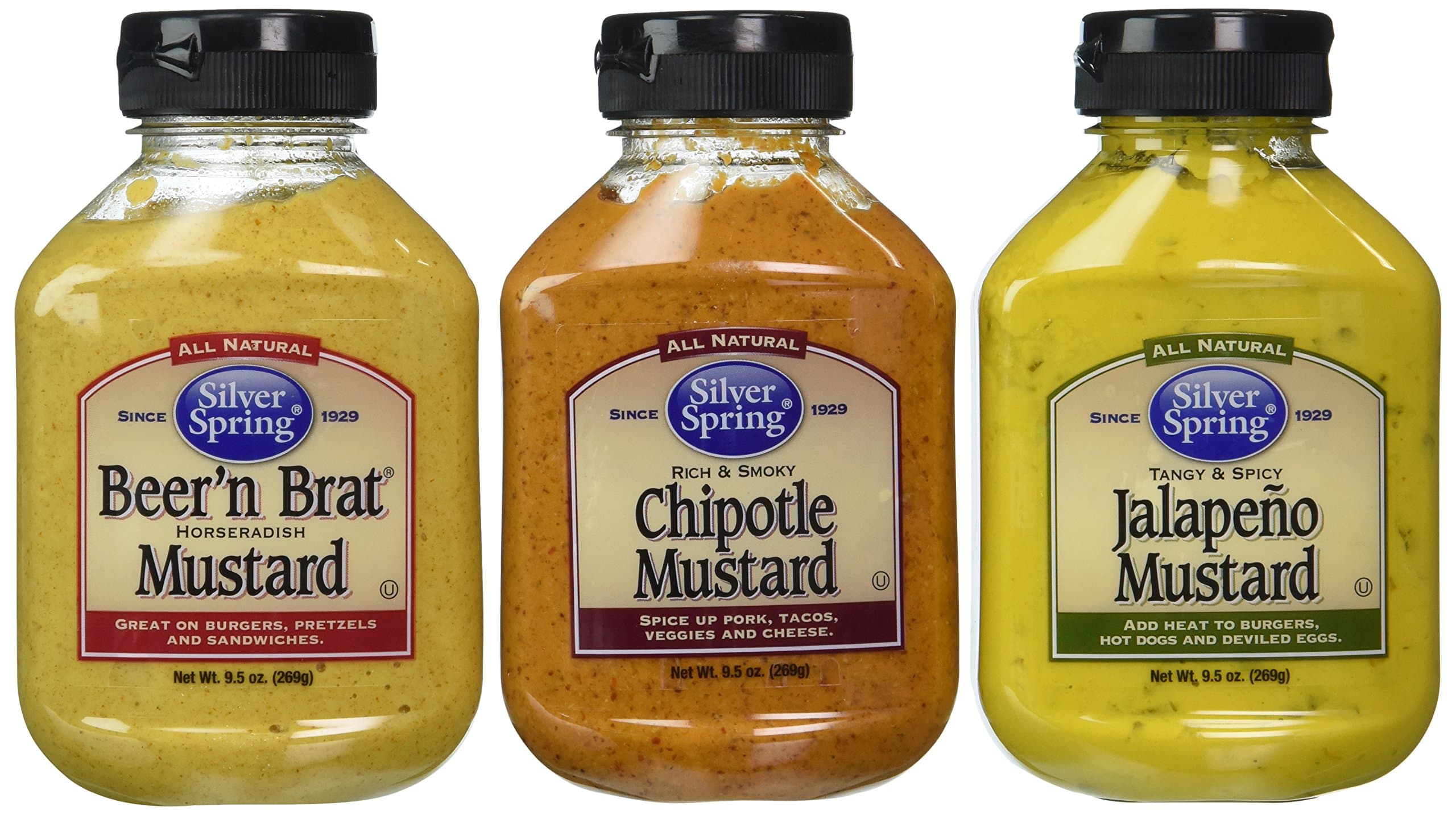 All Natural Mustard 3 Flavor Variety Bundle: (1) Silver Spring Beer'n Brat Horseradish Mustard, (1) Silver Spring Rich And Smoky Chipotle Mustard, and (1) Silver Spring Tangy & Spicy Jalapeno Mustard, 9.5 Oz. Ea. (3 Total)