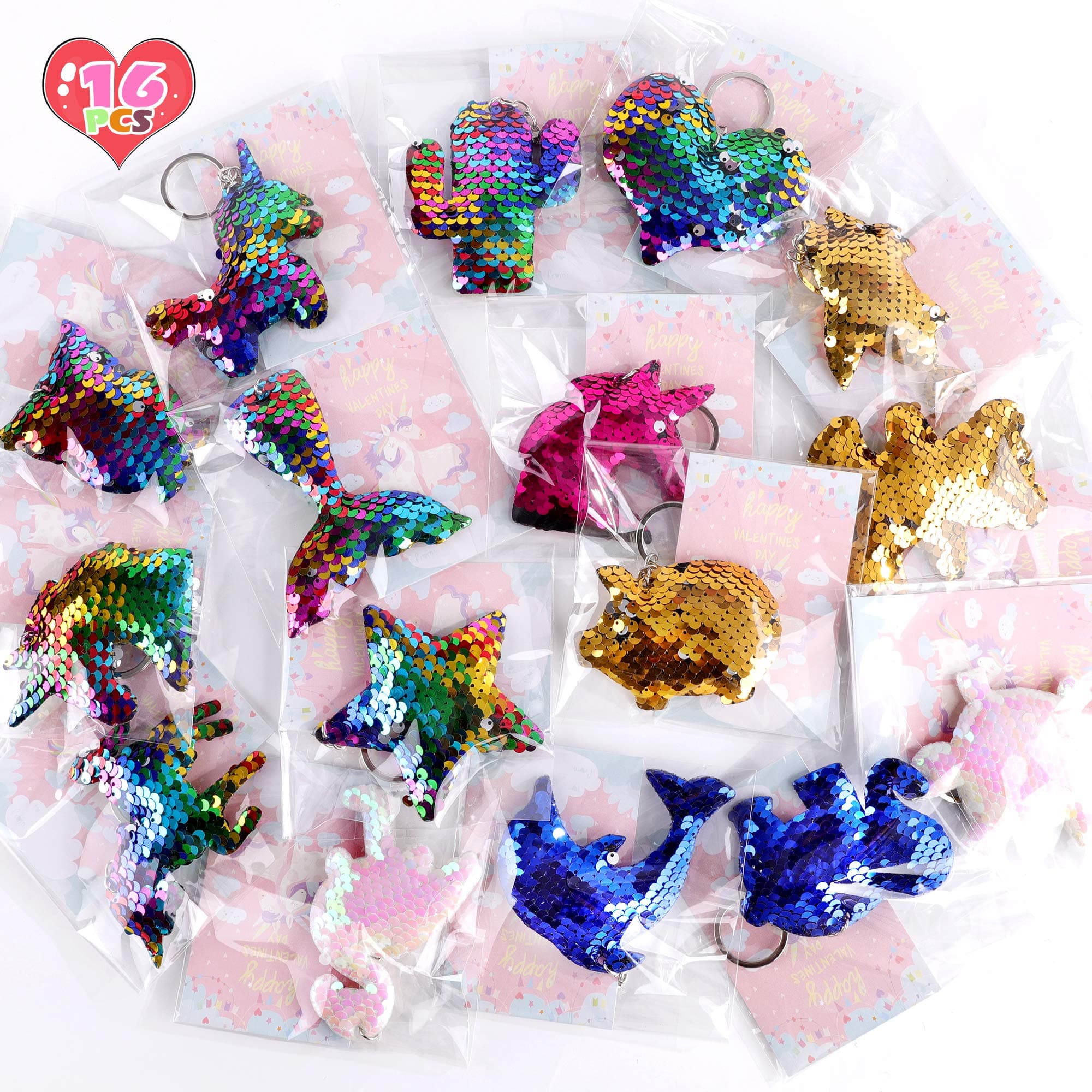 FiGoal 16 Pack Valentine's Day Flip Sequin Keychain in 16 Designs Unicorn Keychains with 16 Valentine's Day Cards Kids Class DIY Gift Set Student Toy Present Party Favor Goodie Bag
