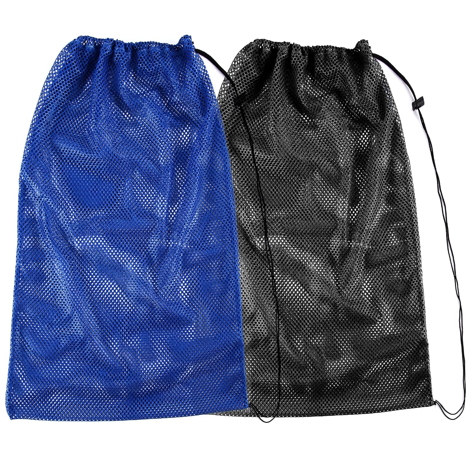 2 Packs Mesh Gear Bag for Snorkel Equipment, Oversized 18" x 27" Mesh Dive Bag Scuba Diving Snorkel Backpack for Snorkeling, Fins, Swimming Gear, Beach and Sports Equipment (Black & Blue)