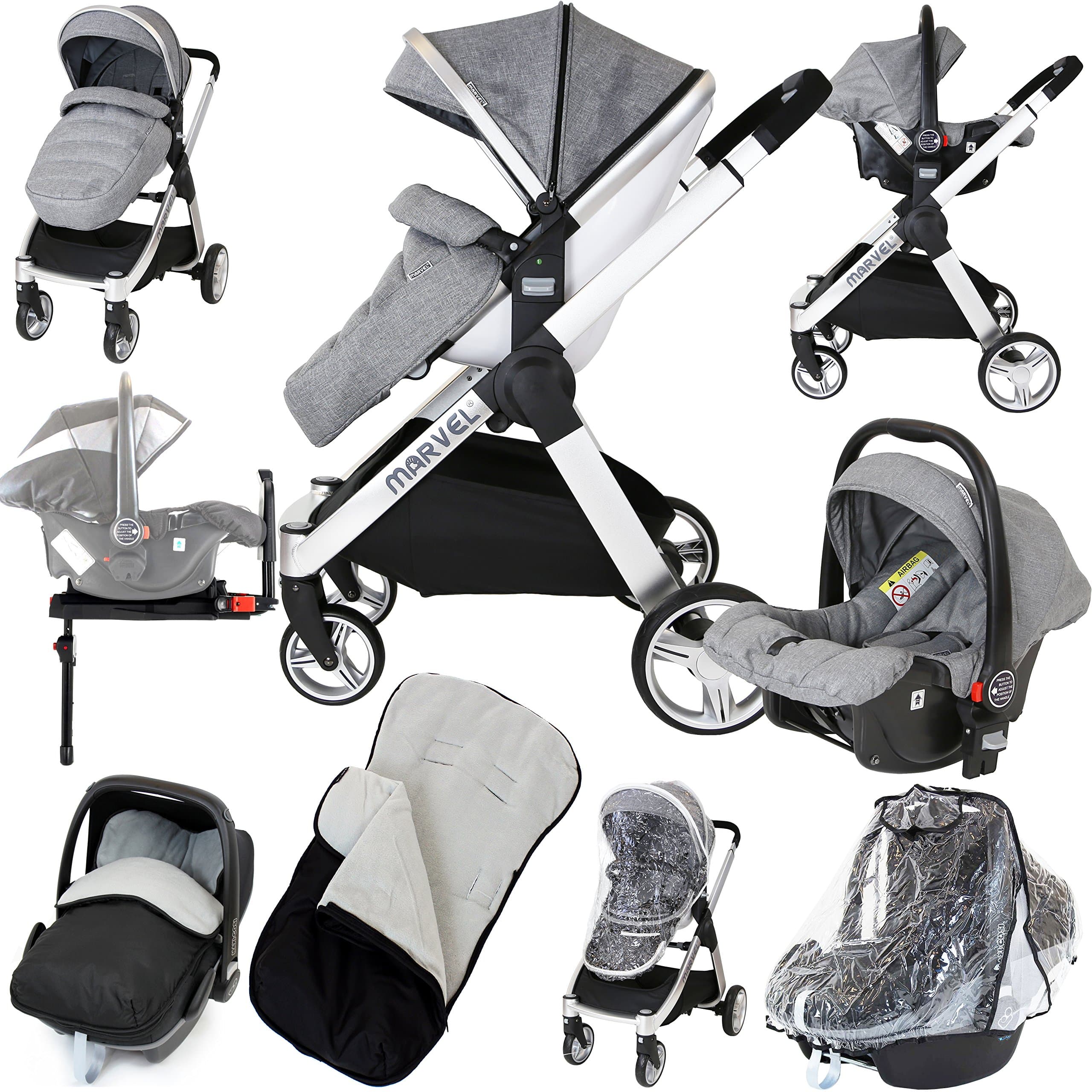 Marvel 3in1 Pram - Dove Grey (ISOFIX Base +Car Seat + Carrycot + x2 Rain Covers + x2 Footmuff)