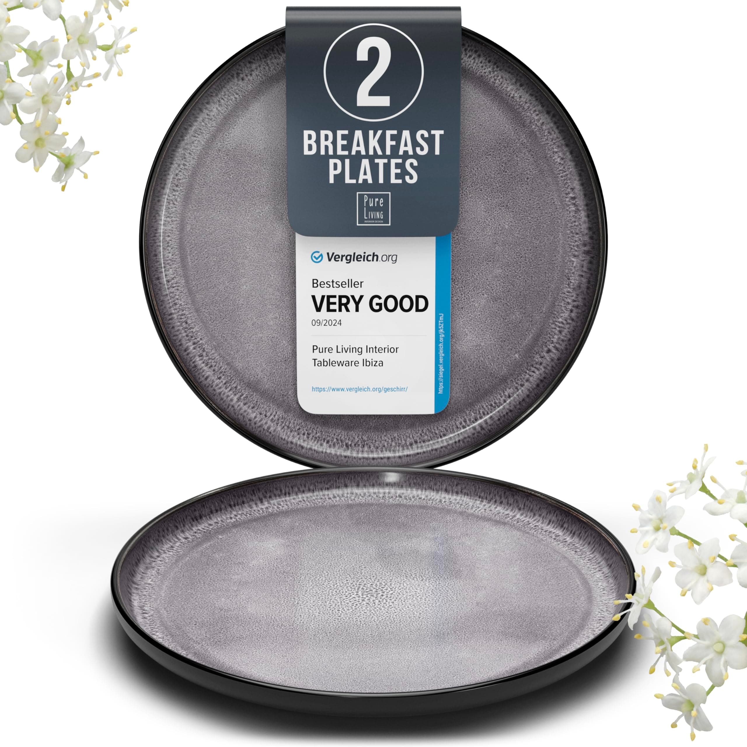 PURE LIVING INTERIOR DESIGN Stoneware breakfast & dessert plates set 2 pcs – Dark gray stylish cake plates – Dishwasher, microwave and scratch resistant – Small salad plates – Dinner service