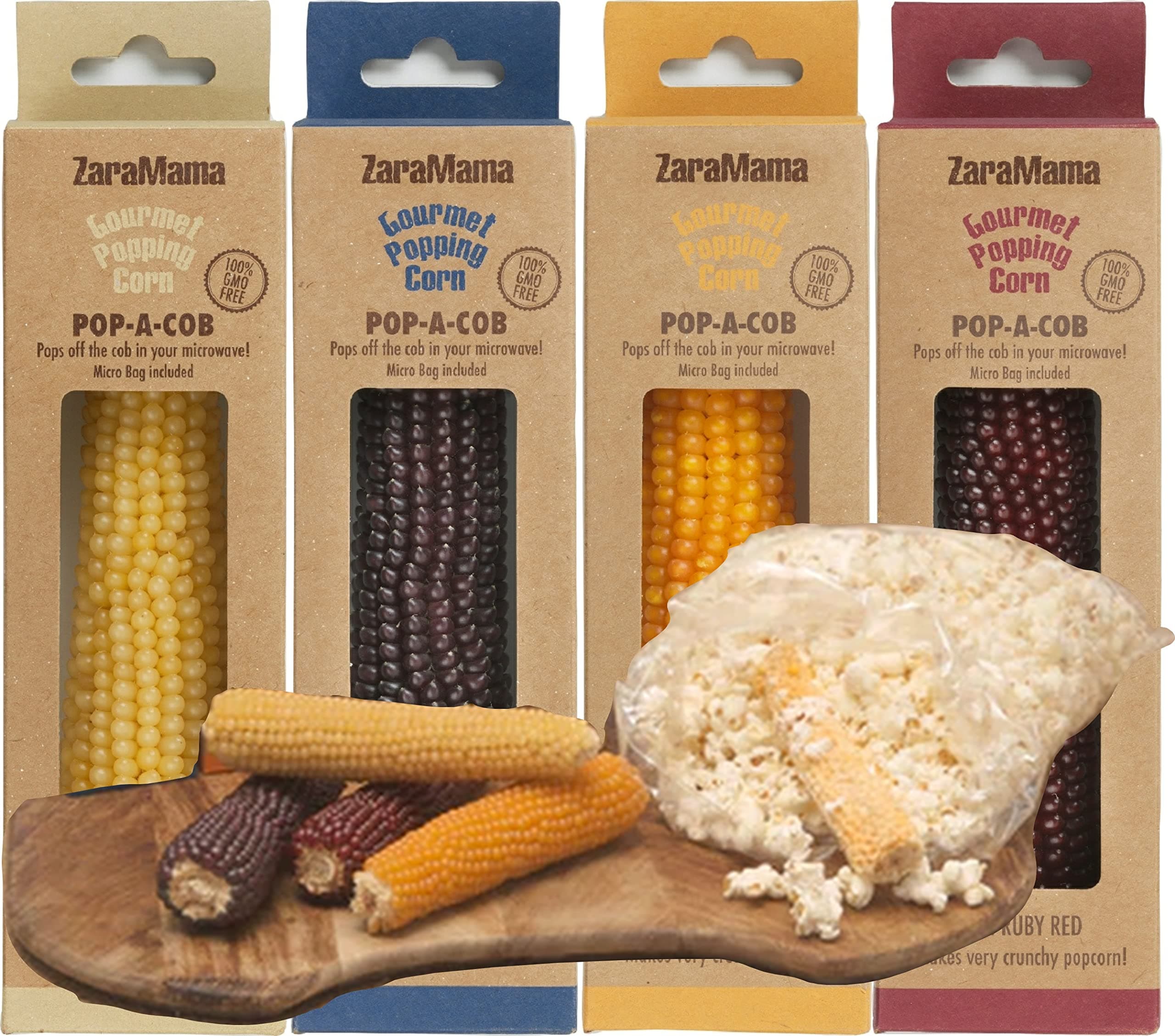 ZaraMama Gourmet Popcorn/Popping Corn - Pop-A-Cob - Microwave Popcorn (One of each Colour & Seasoning, 4 x 90g & Seasoning)