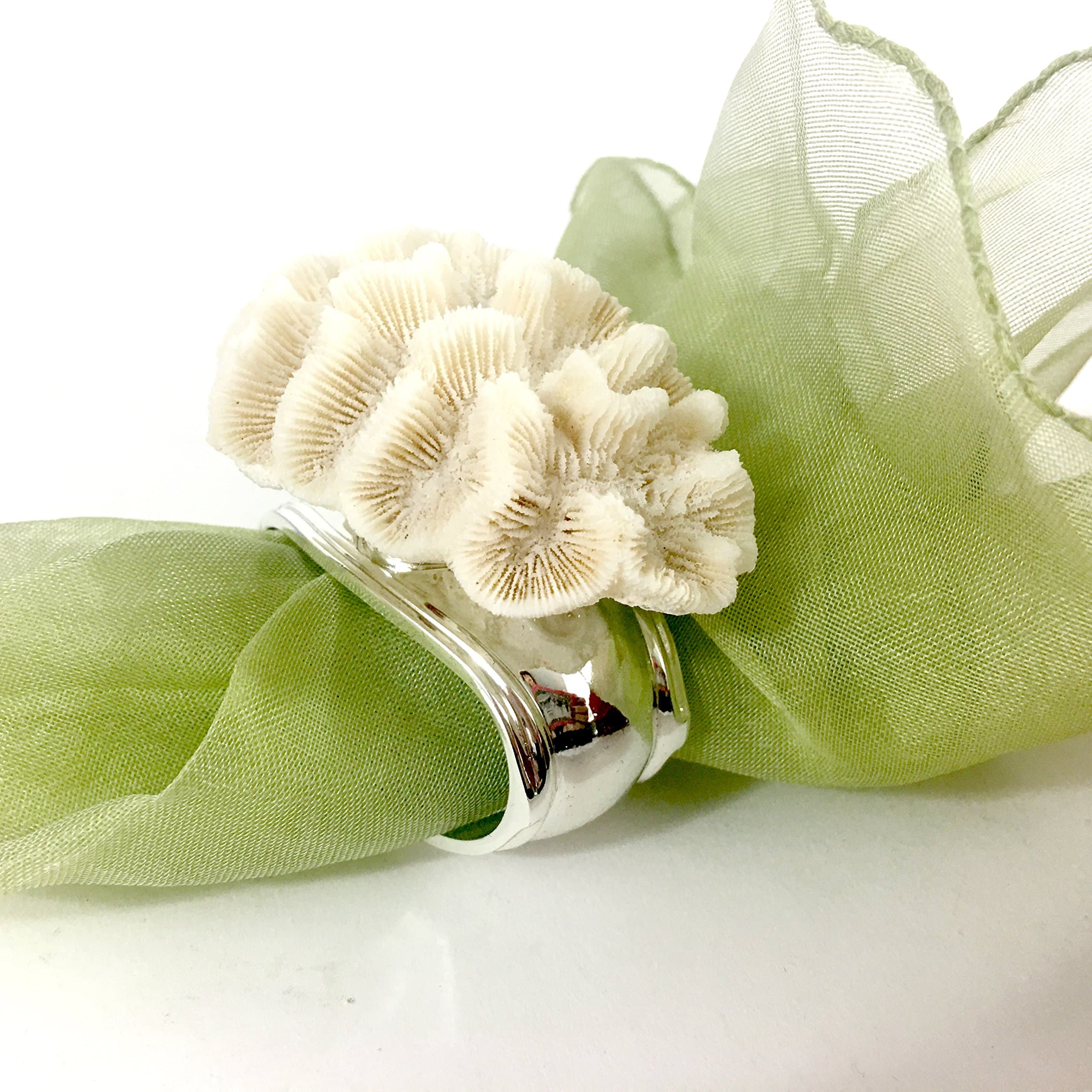 Hans Turnwald Set 4 White Coral Napkin Ring Nautical Beach Decor Silverplate Signed