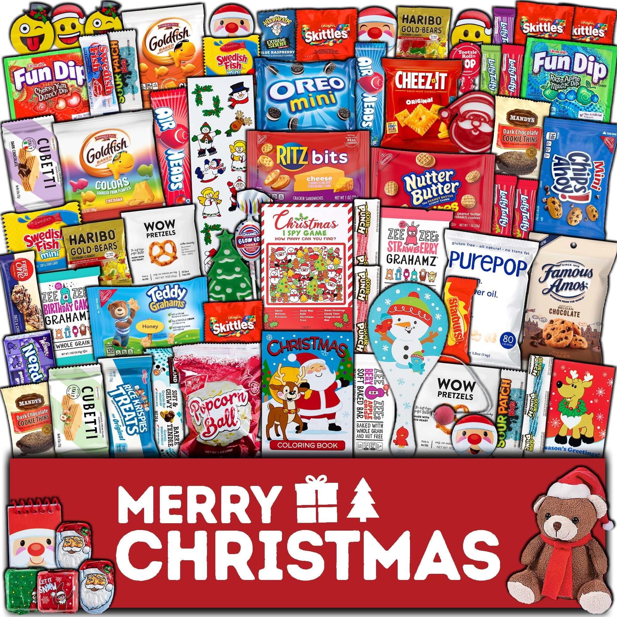Christmas Care Package (65 Count) Candy Snacks Cookies Bars Chips Holiday Stocking Stuffer Variety Gift Box Pack Assortment Basket Bundle Mix Santa Treats College Students Office Kids Boys Girls