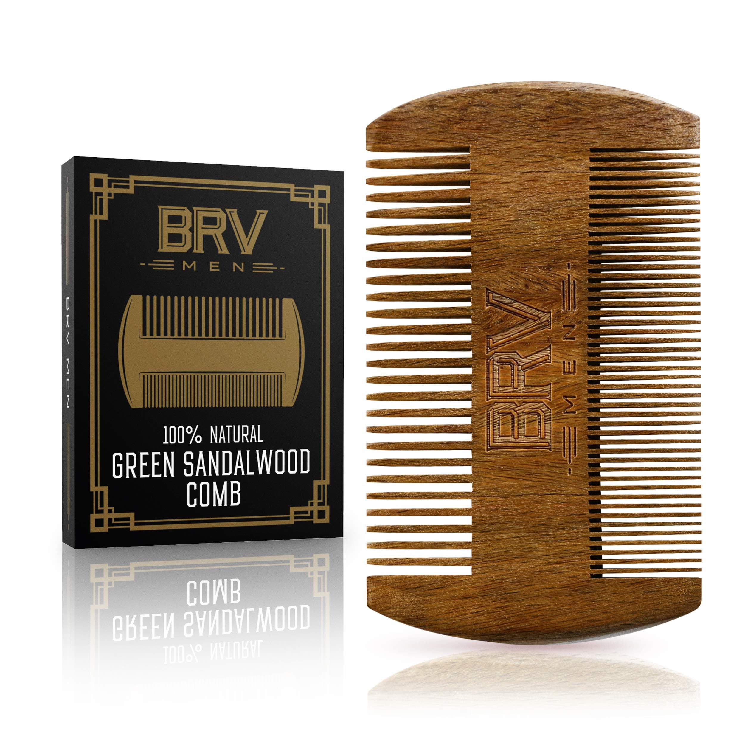 Beard Comb - Natural Solid Green Sandalwood - Works Perfectly with Your Beard Oil and Beard Balm - Comes with Carry Case, Pocket Size - Wooden comb - For All Types and Styles of Hair - BRV MEN