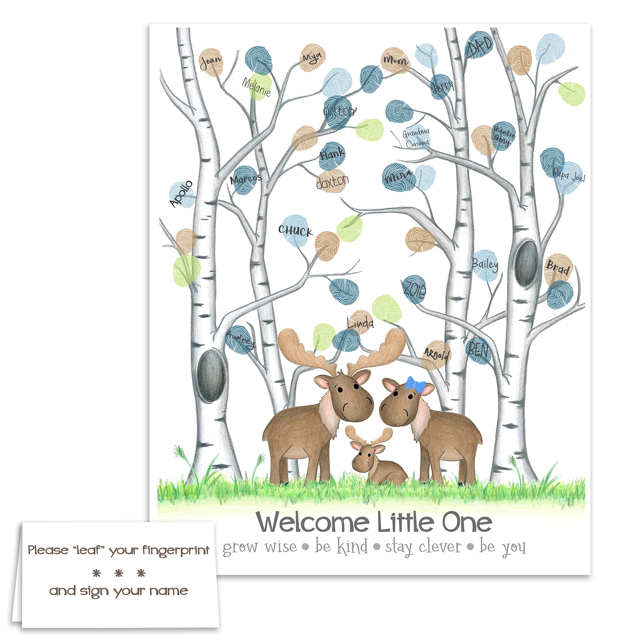 Customized Moose Themed Baby Shower Fingerprint Tree, Moose Nursery Decor, Woodland Baby Shower Thumbprint Poster