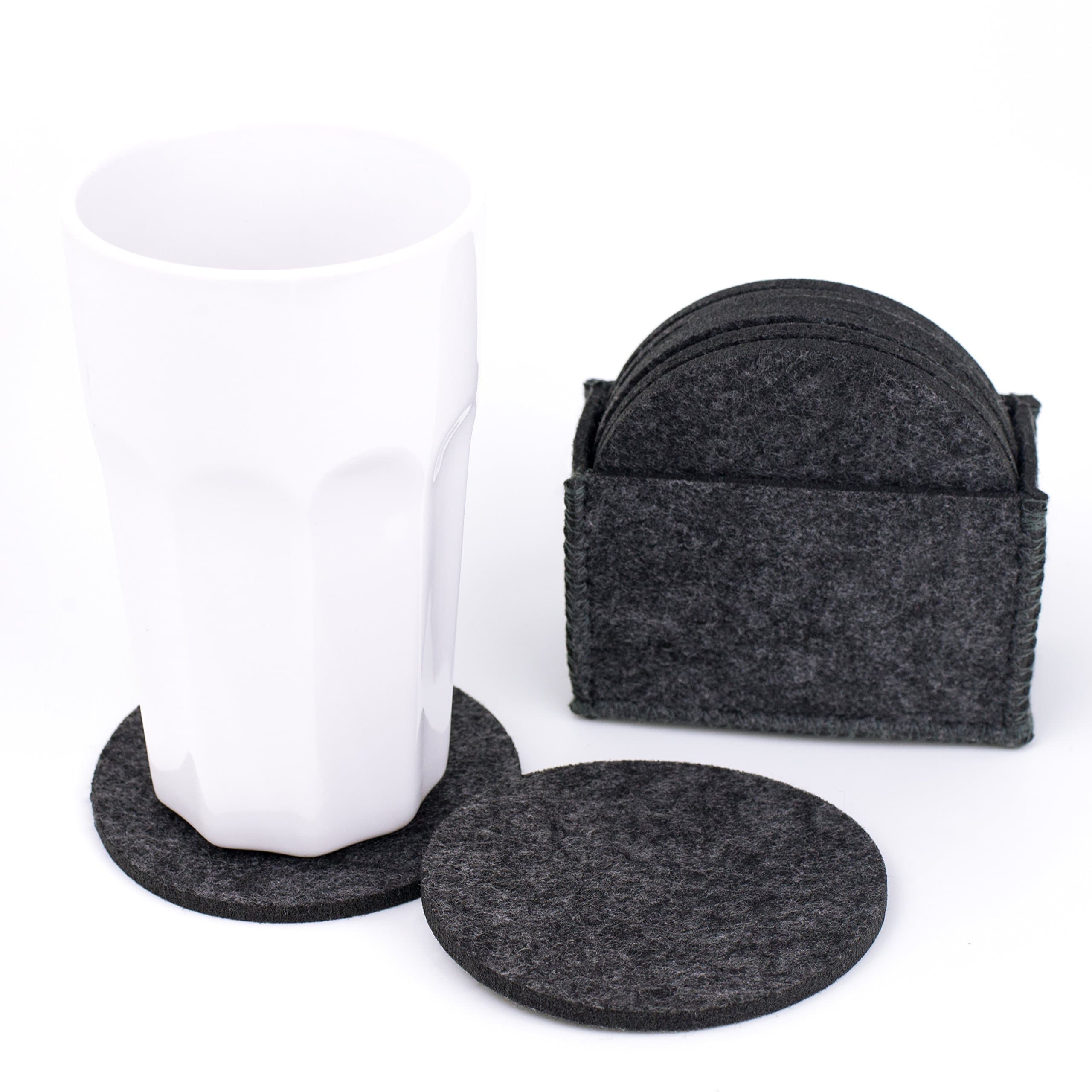 Charles Daily Felt Glass Coaster Set - 8 Dark Grey Felt Coasters in Stitched Holder - Glass Coasters for Table, Chest of Drawers and Shelves