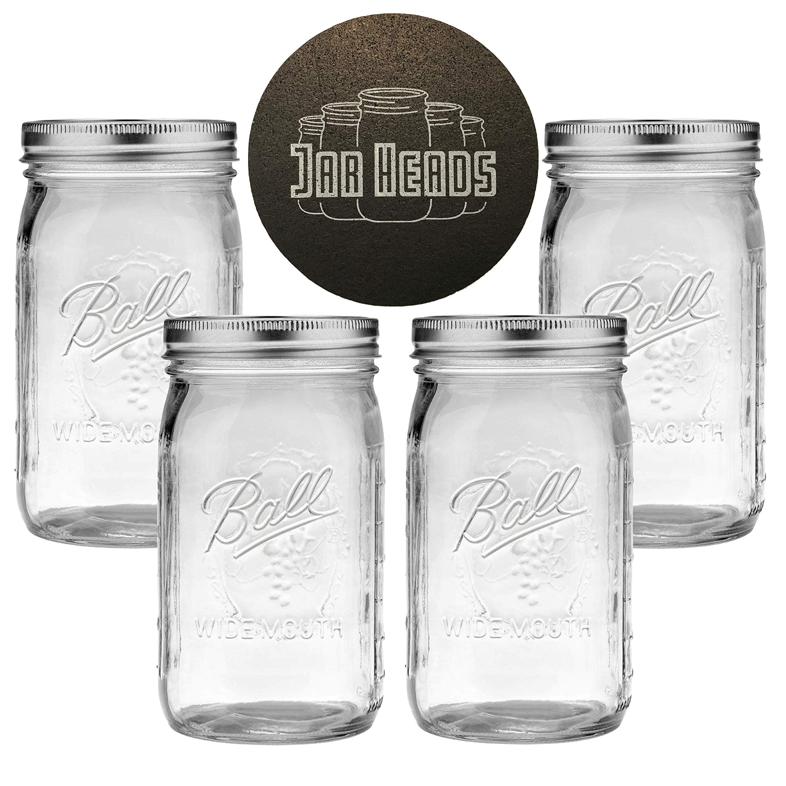 Ball Mason Jars 32 oz Wide Mouth Bundle with Non Slip Jar Opener- Set of 4 Quart Size Mason Jars - Canning Glass Jars with Lids