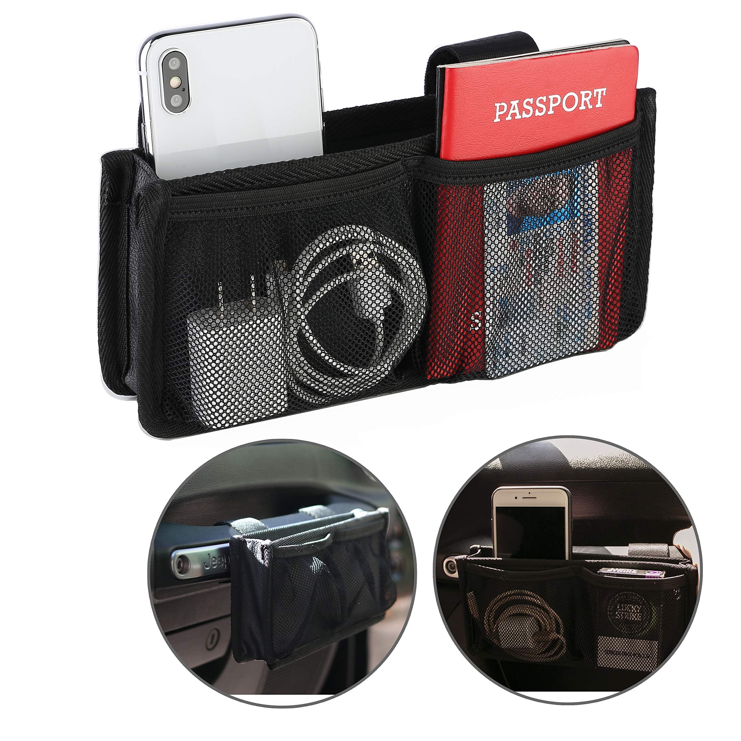 Large Jeep Grab Handle Bag, Adjustable Grab Bar Storage Bag, Ideal Depth for Storing Phones, Well-Fit for All Jeep Models Like Jeep Wrangler Gladiator JL - with 2 Hook and Loop Fasteners, Black