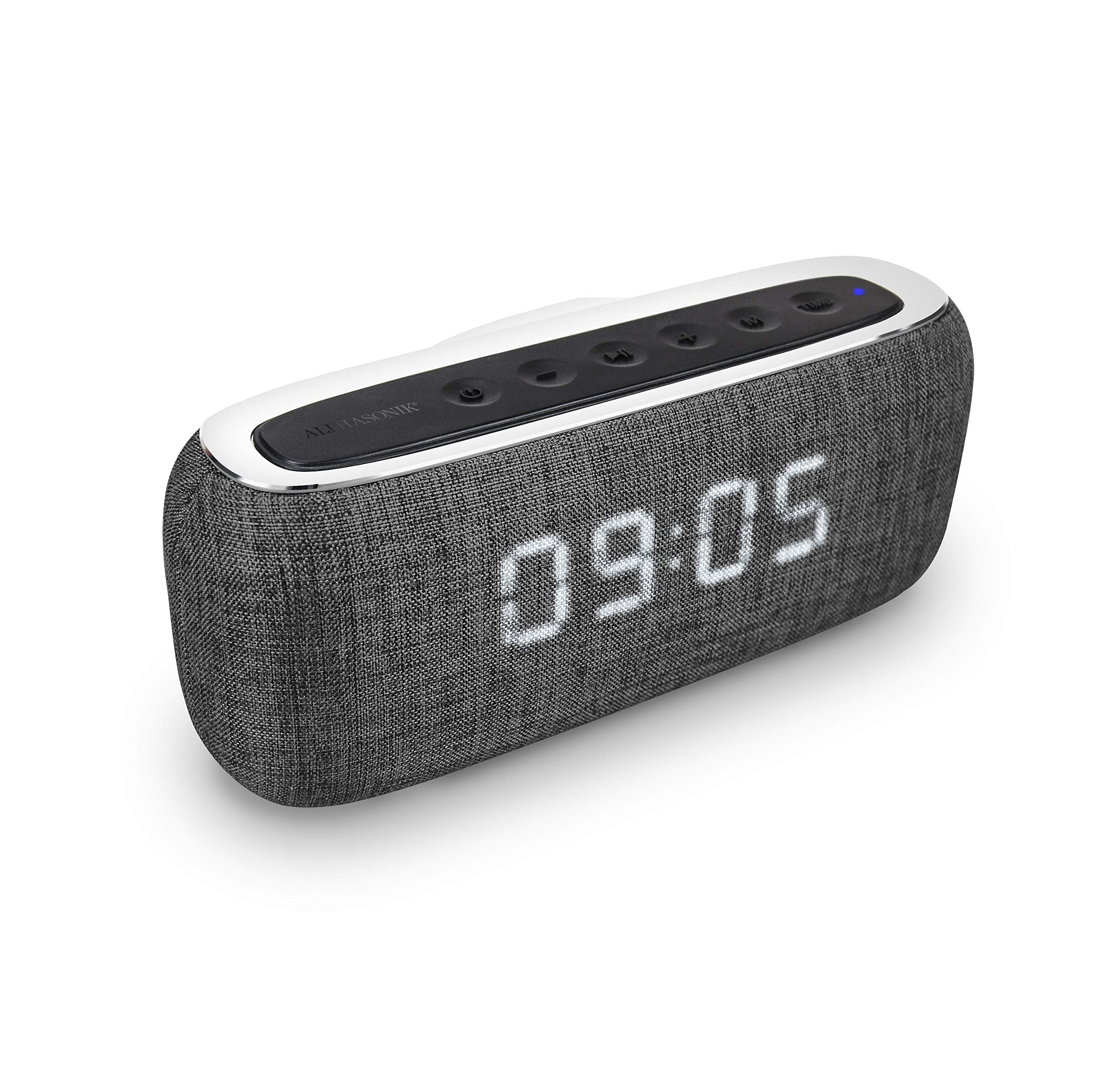 Alphasonik Charm Wireless Bluetooth Portable Speaker with Digital LED Alarm Clock, Auto and Manual Dimmer, FM Radio, HD Sound and Bass, Micro USB, Auxilliary 3.5mm, SD Card, for iPhone and Samsung