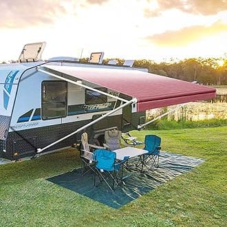 YESCAMP Manual RV Awning Complete Kit Retractable Camper Awning for RV or Trailers RV Roll Out Awning for Camper or 5th Wheel,Travel Trailers,Toy Haulers,Motohome(13Ft,White Frame,Burgundy Fade
