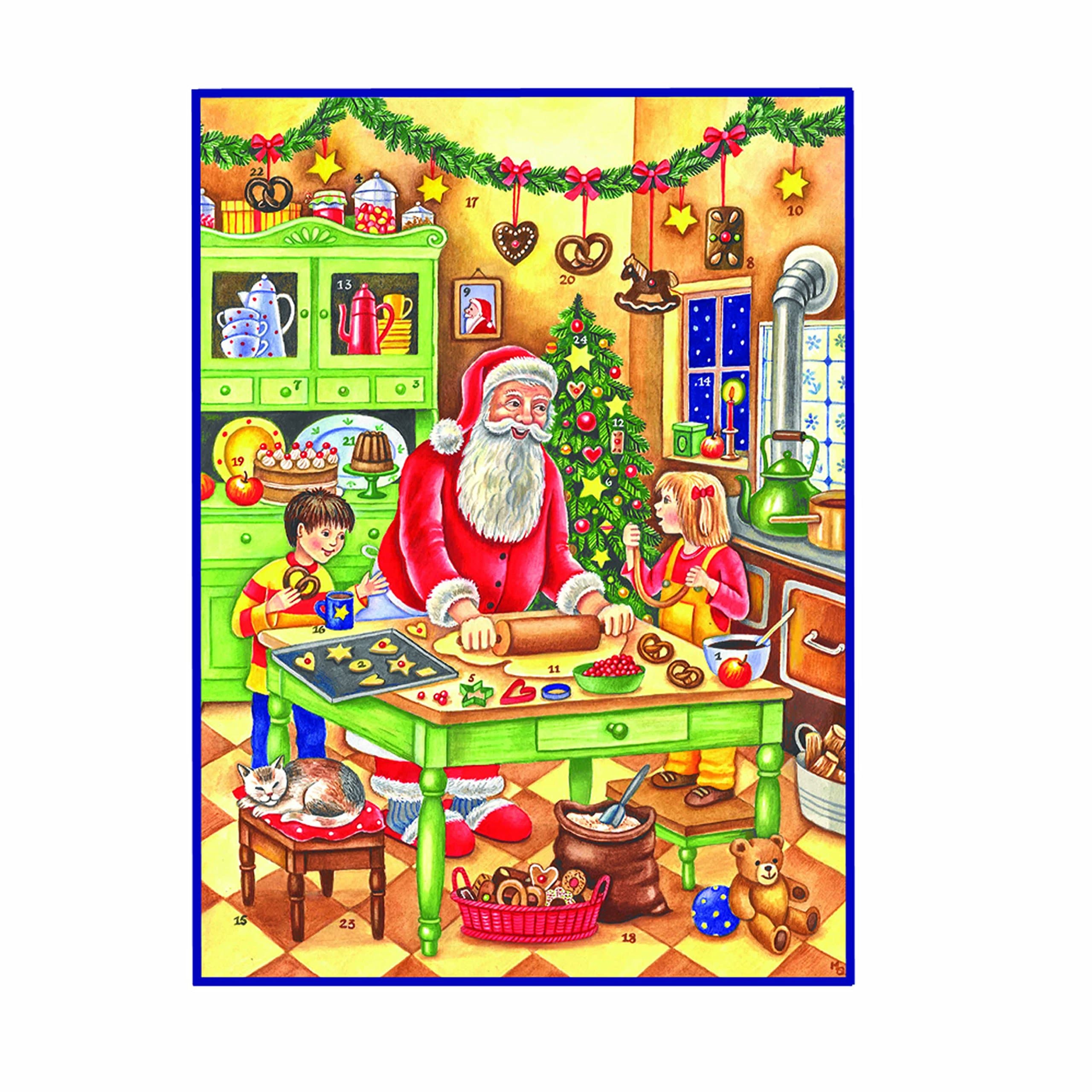 Large Advent Calendar 24 Doors 355 x 260 mm - Festive Santa Baking Cookies - with Glitter and Translucent Windows - RS 70110 - Traditional Antique German Design