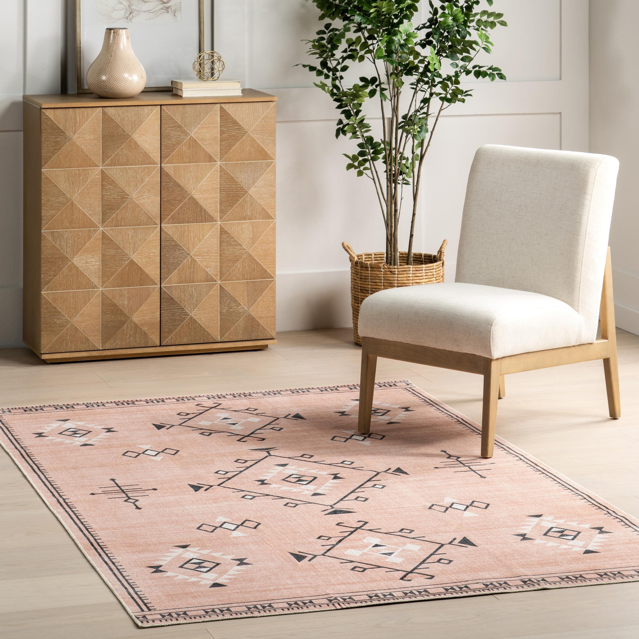 4' x 6' SpinClean Machine Washable Stain-Resistant Area Rug with Non Slip Backing, Low Profile for Living Room, Bedroom, and Dining Room, Evalyn Pink