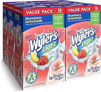 Wyler's Light Singles To Go Powder Packets, Water Drink Mix, Strawberry Lemonade, 16 Count, 6 Boxes (96 Single Servings)