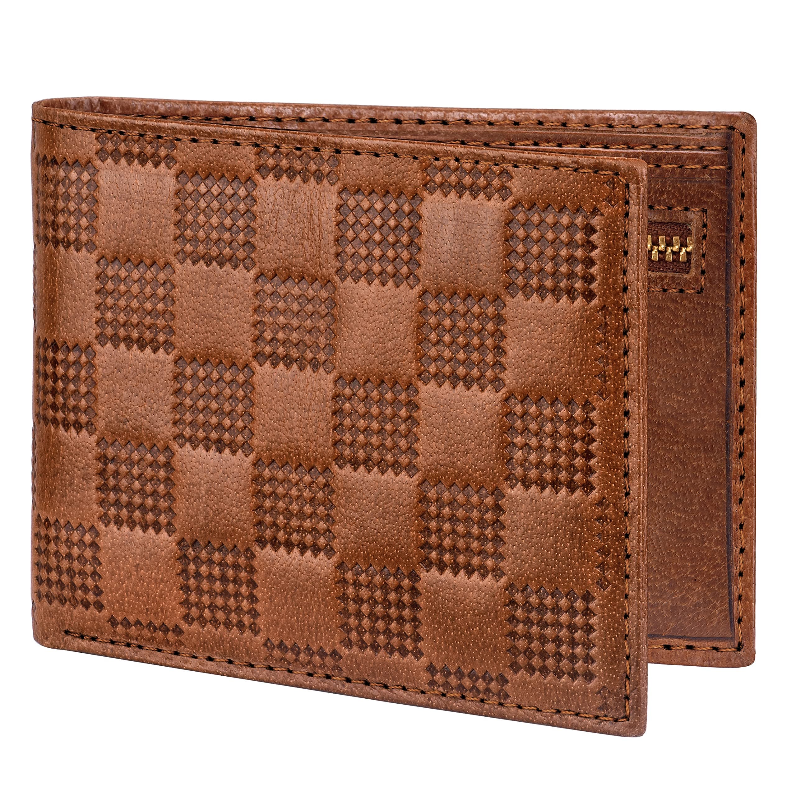 LORENZBi-Fold Embossed Box Pattern RFID Blocking Leather Wallet for Men with Zipper Coin Pocket & ID Card Feature | Soft Nappa Men Leather Wallet | GL-60 (One Size,Black), Tan, One Size
