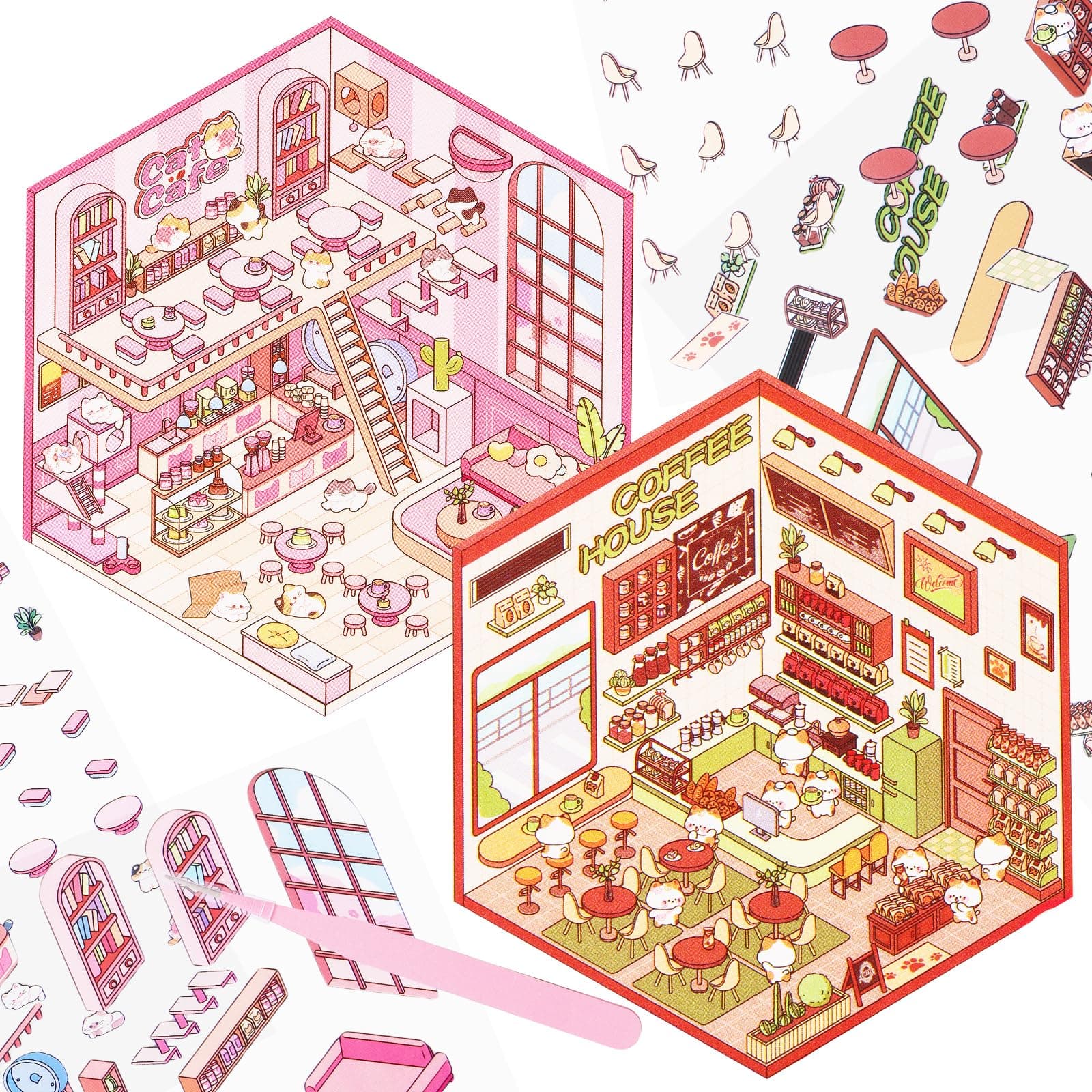2 Sets DIY 3D Stickers Scene Cat Theme 3D House Stickers with Tweezers Make Your Own Mini Coffee House Scenes Cute Cat Stickers Miniature Scene Stickers for Adult Relief Stress