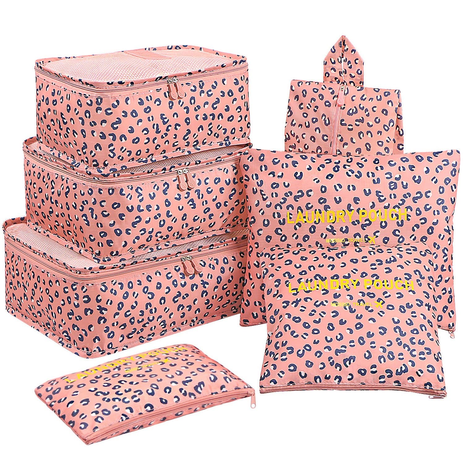 - Mossio Nylon Luggage Cubes, 7 Pack Lightweight Toiletry Organizer Space Saver Travel Accessories Pink Leopard , 30 cm , 11.94 cm