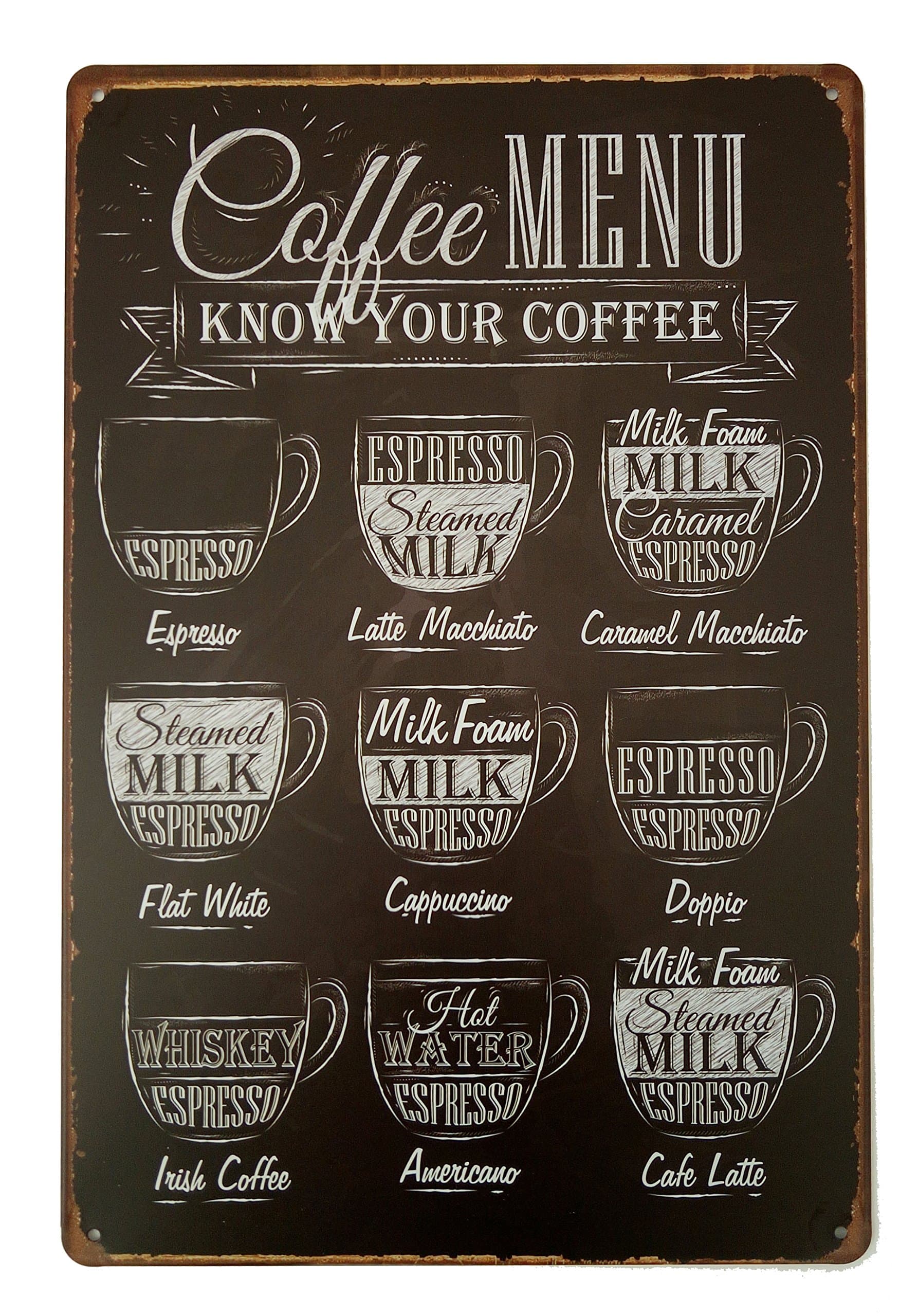 ERLOOD Coffee Menu Know Your Coffee Tin Sign Wall Retro Metal Bar Pub Poster Metal 12 X 8