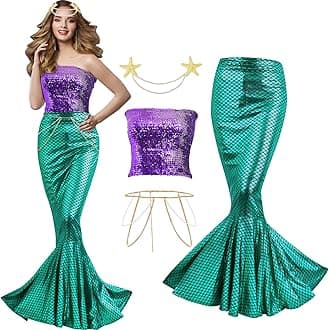 Newcotte 4 Pcs Mermaid Costume for Women Sequin Tube Top Skirt Pearl Waist and Head Chain for Halloween Cosplay