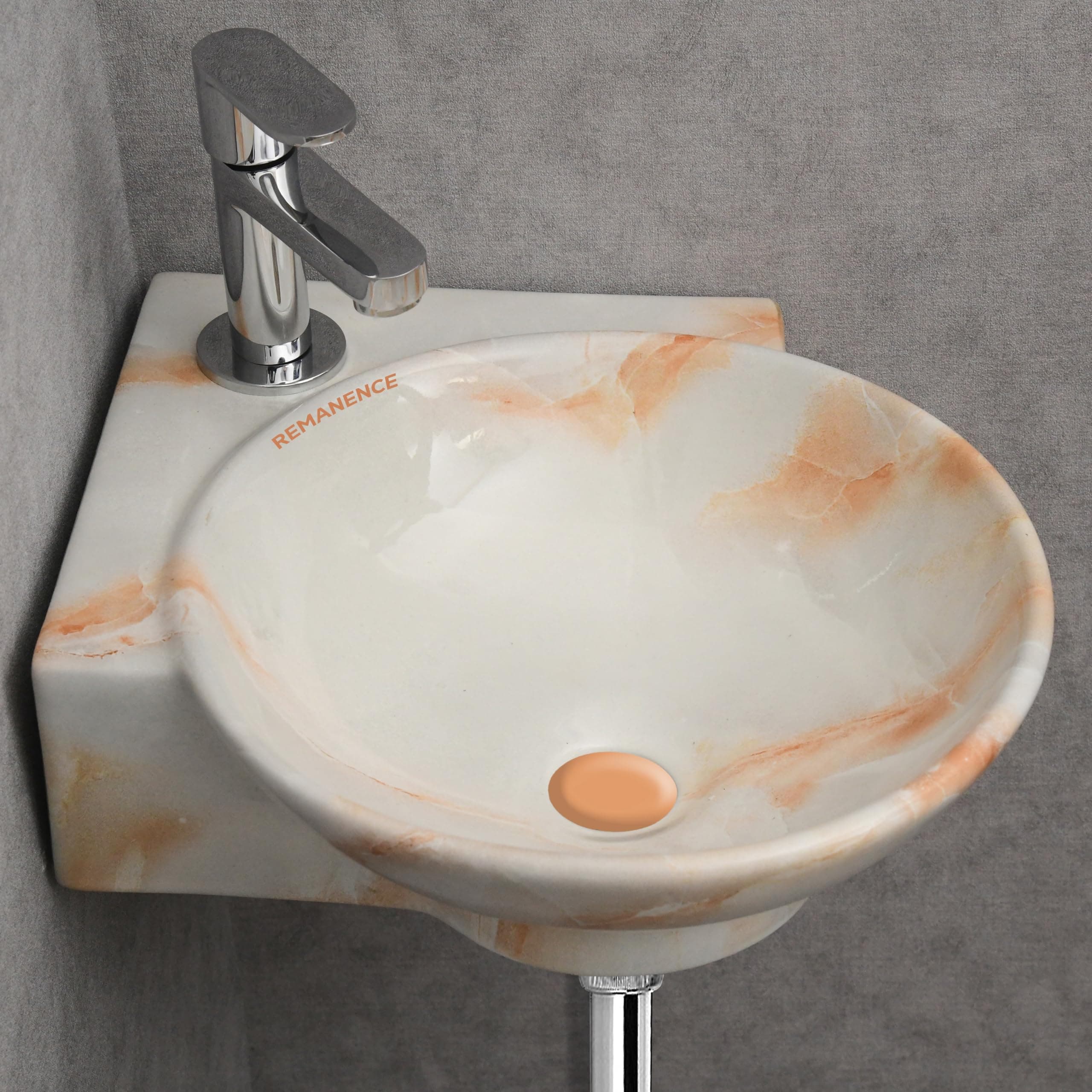 REMANENCE Wall Mounted Wash Basin for Bathroom | Ceramic Wash Basin Wall Hung Small Corner Wash Basin/Sink (16.3 x 13.8 x 4.3 Inch) (Designer White Orange)