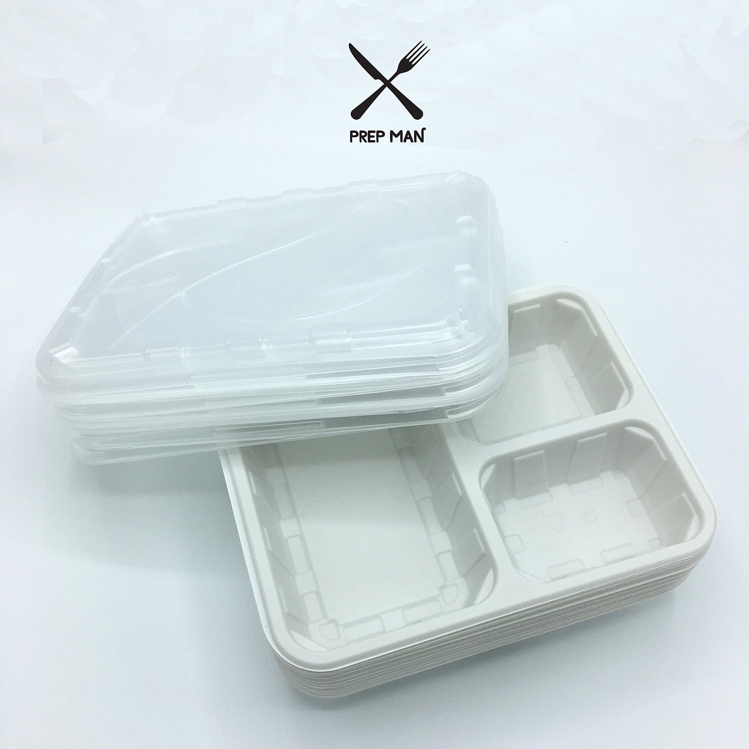 PREP Man - Meal Prep Food Storage Containers 3 Compartment with Lids/BPA Free Bento Lunch Boxes/Divided Portion Control Container Biodegradable Packaging Plates-Microwave & Freezer Safe [25 Sets]