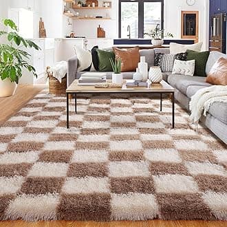 Brown and White Living Room Rug, 180x270cm Large Checkered Bedroom Area Rugs for Kids Baby Room, Nursery, Dorm, Lounge, Thick Soft Fluffy Plush Checkerboard Non-slip Carpet
