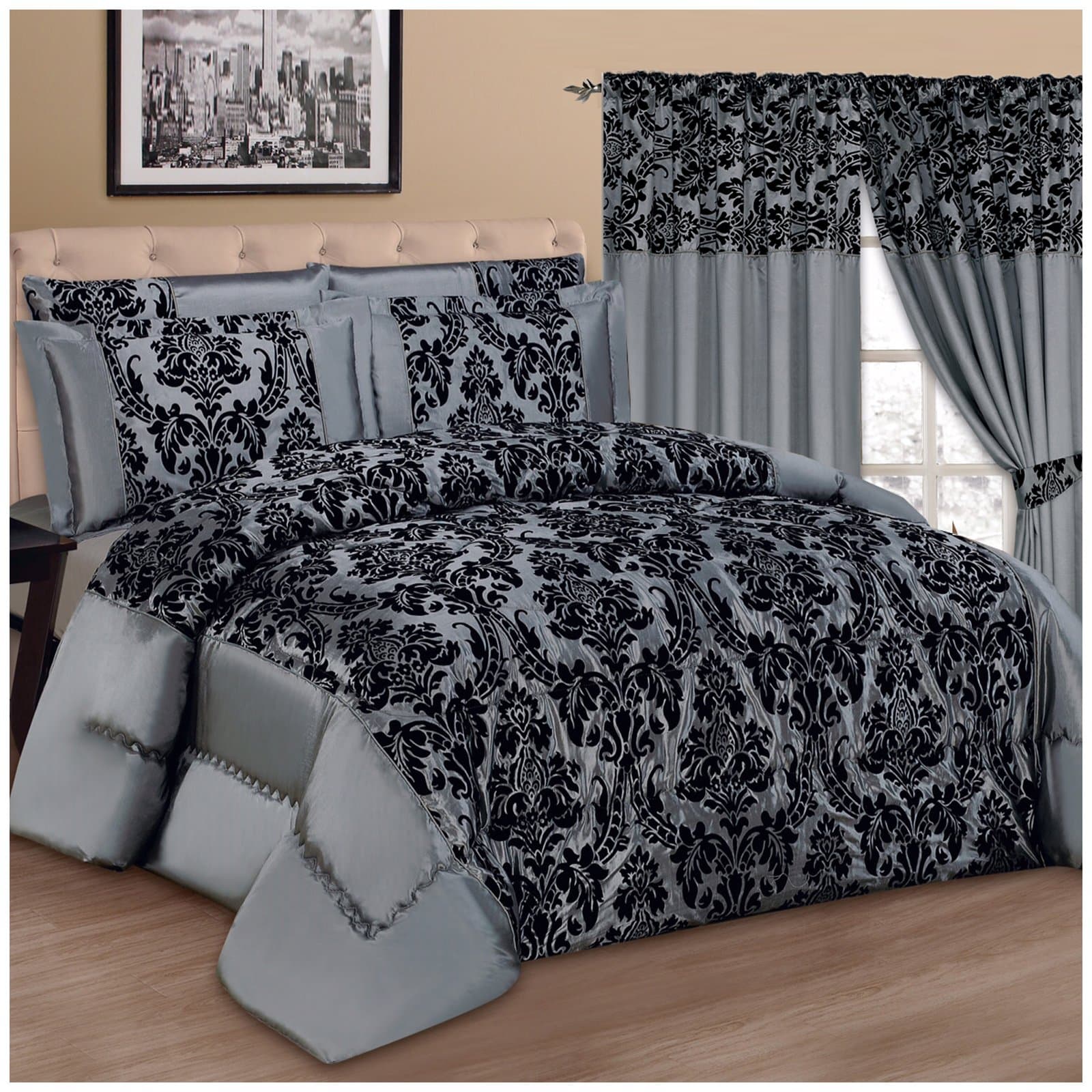 M Premier New Damask Luxury Super Soft 3pc Flock Quilted Bedspread Comforter Bed - Silver Grey Black (King Bed (240cm X 260cm))