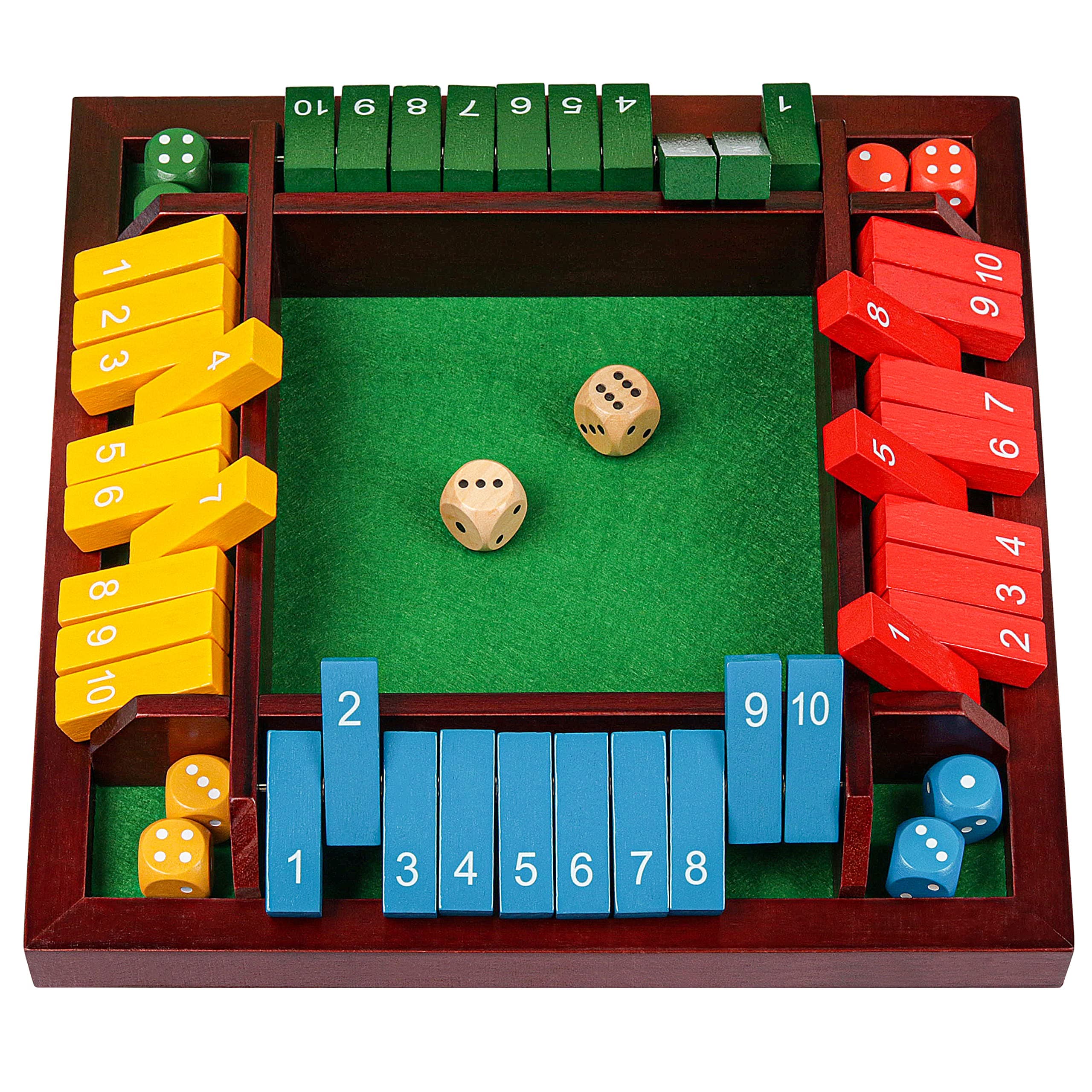 Coogam Shut The Box Dice Game Wooden Board Math Number Game Family Pub Bar 1-4 Players With 10 Colored Dice For Adults Kids 3 4 5