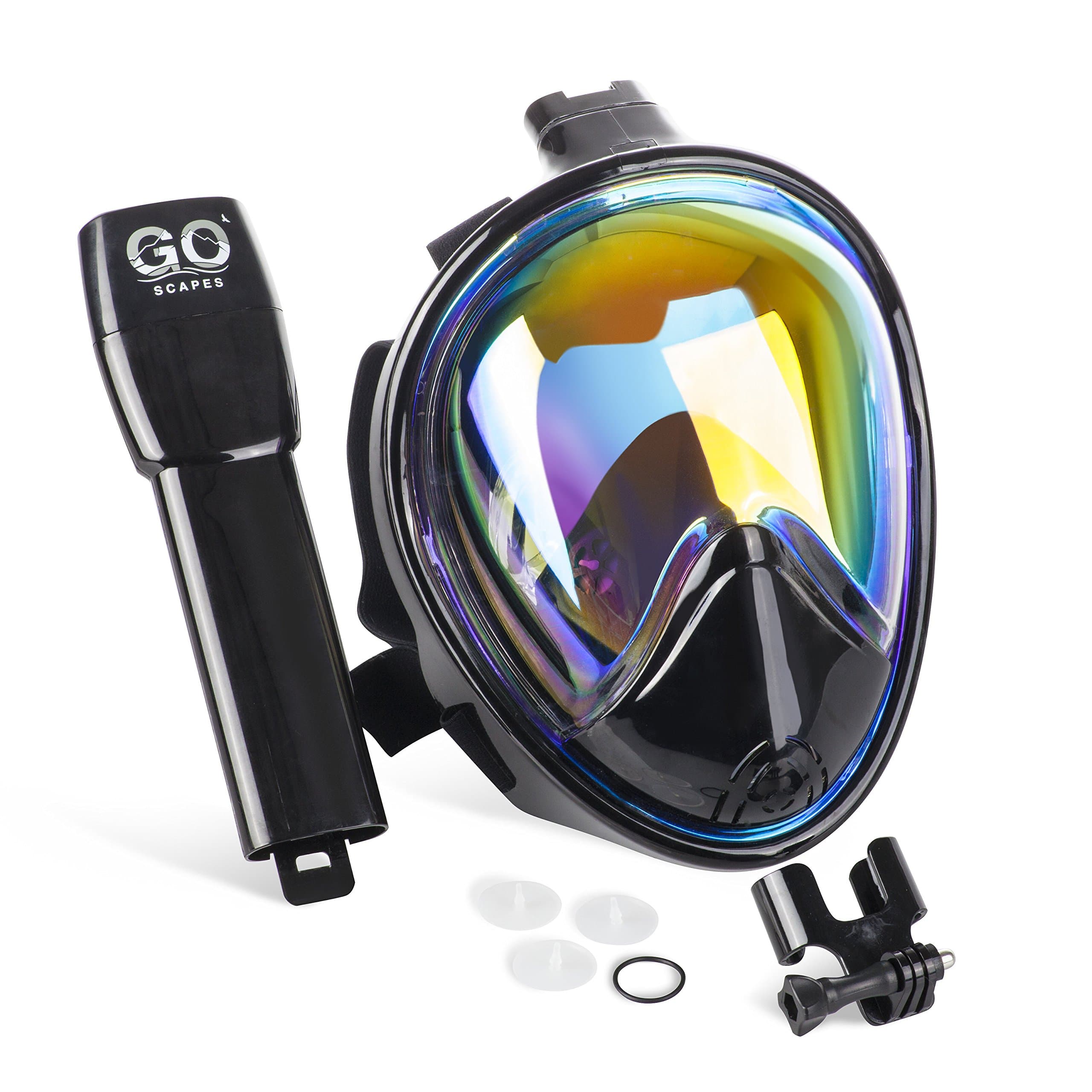 GoScapes Full Face Snorkel Mask – UV Protection Rainbow Mirror Coating on Black Snorkeling Mask, GoPro Compatible, Panoramic 180 degree view, Anti-Fog and Anti-Gag Technology, For Adults and Youth