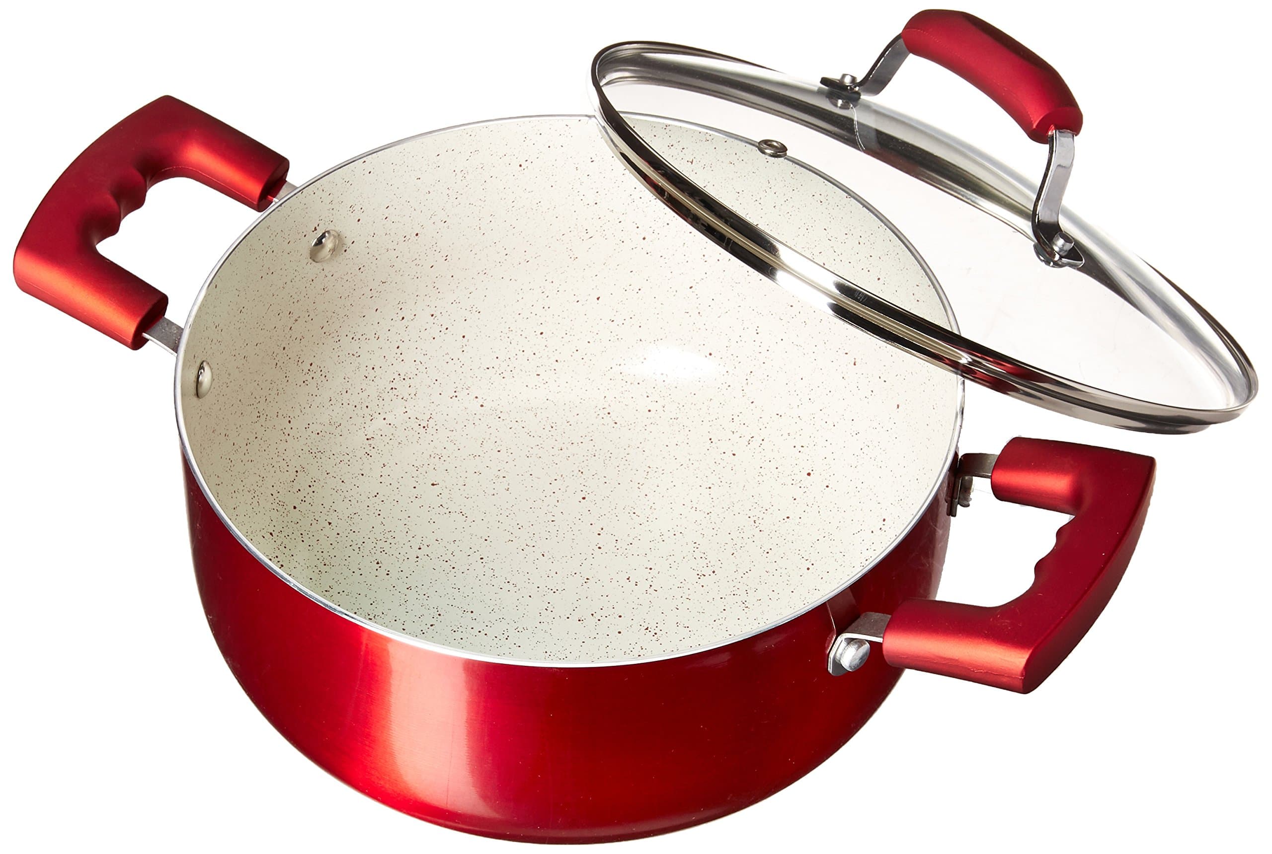 IMUSA USA 4.9Qt Ruby Red Nonstick Dutch Oven with Glass Lid and Soft Touch Handles, 5 Quarts