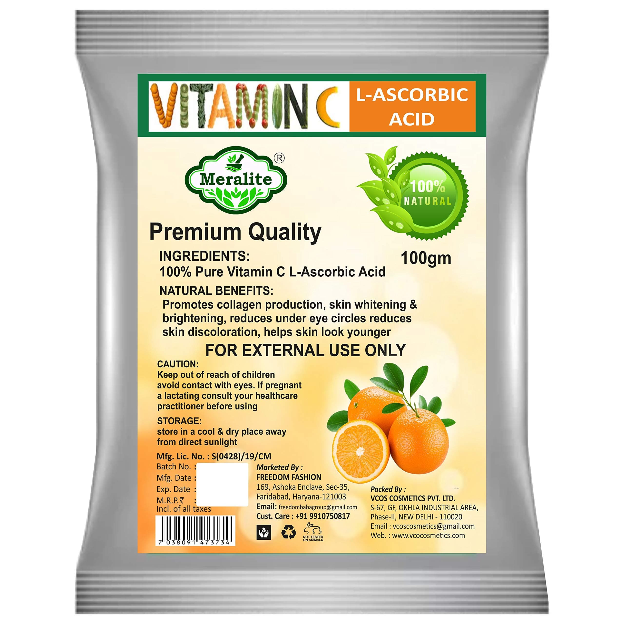 Meralite 100% Pure Vitamin C Powder (L-Ascorbic Acid) For Face Skin Whitening For Men & Women (100 gm)