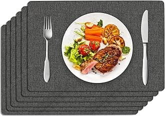 DOLOPL Placemats Set of 6, Faux Leather Heat Resistant Place Mats for Dining Table, Waterproof Oilproof Wipeable Washable Table Mats, Easy to Clean Anti-Slip Tablemats for Outdoor & Indoor, Charcoal