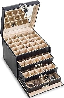 Glenor Co Earring Organizer Holder - 75 Small & 4 Large Slots Classic Jewelry Box with Drawer & Modern Closure, Mirror, 4 Trays Earrings, Ring or Chain Storage - PU Leather Case - Black